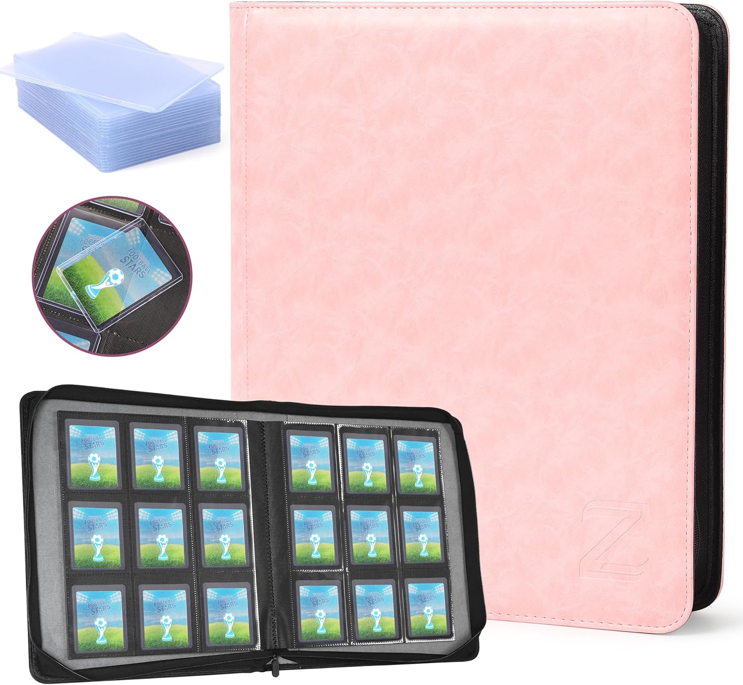 ZAIONE Toploader Binder for Trading Cards: 9 Pockets Top Loader Binder Holds 324 Toploaders - Waterproof PU Leather Ringless Double-Sided Pocket Album for 2025 Sport Cards Display Storage（Pink Smooth）