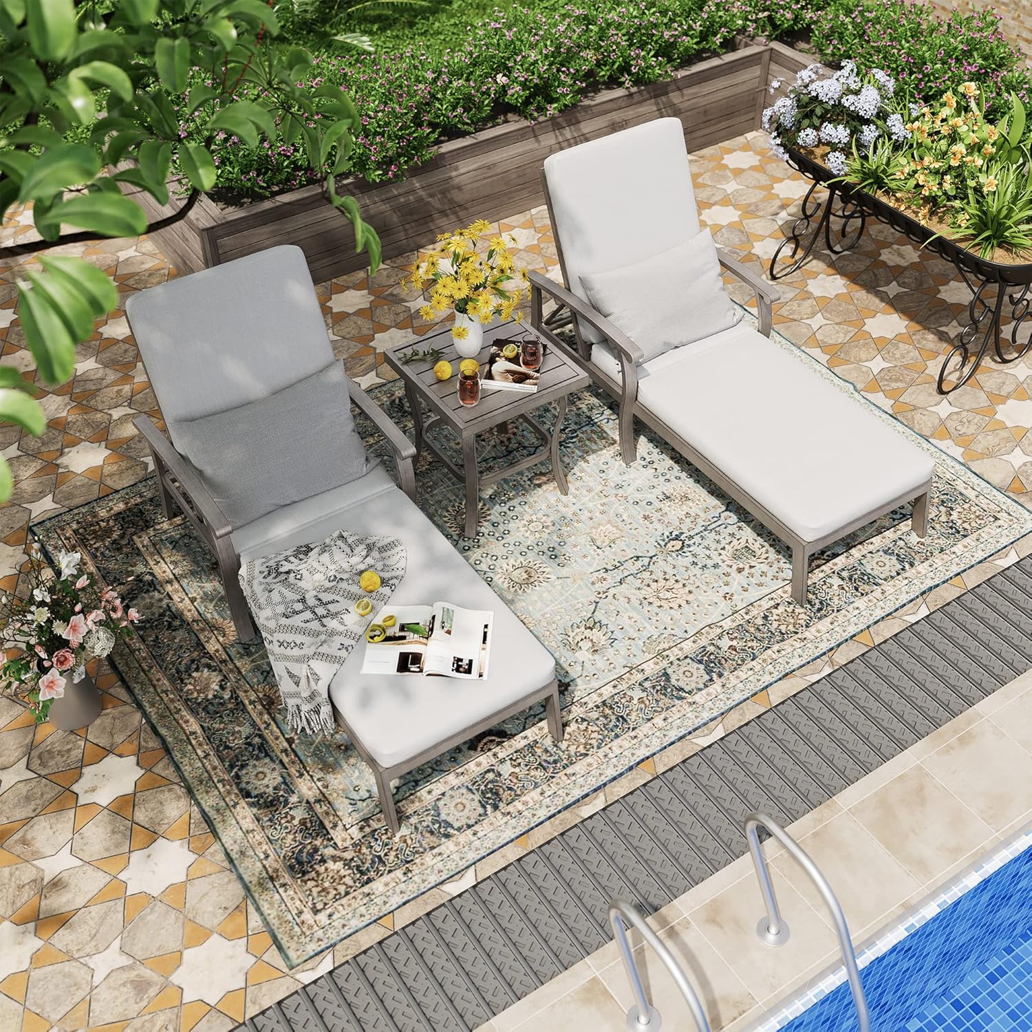 HAPPATIO Aluminum Patio Chaise Lounge Set 3 Pieces, Aluminum Patio Lounge Chair with Side Table, Pool Lounge Chair with Cushions for Patio Deck Poolside (Gray)