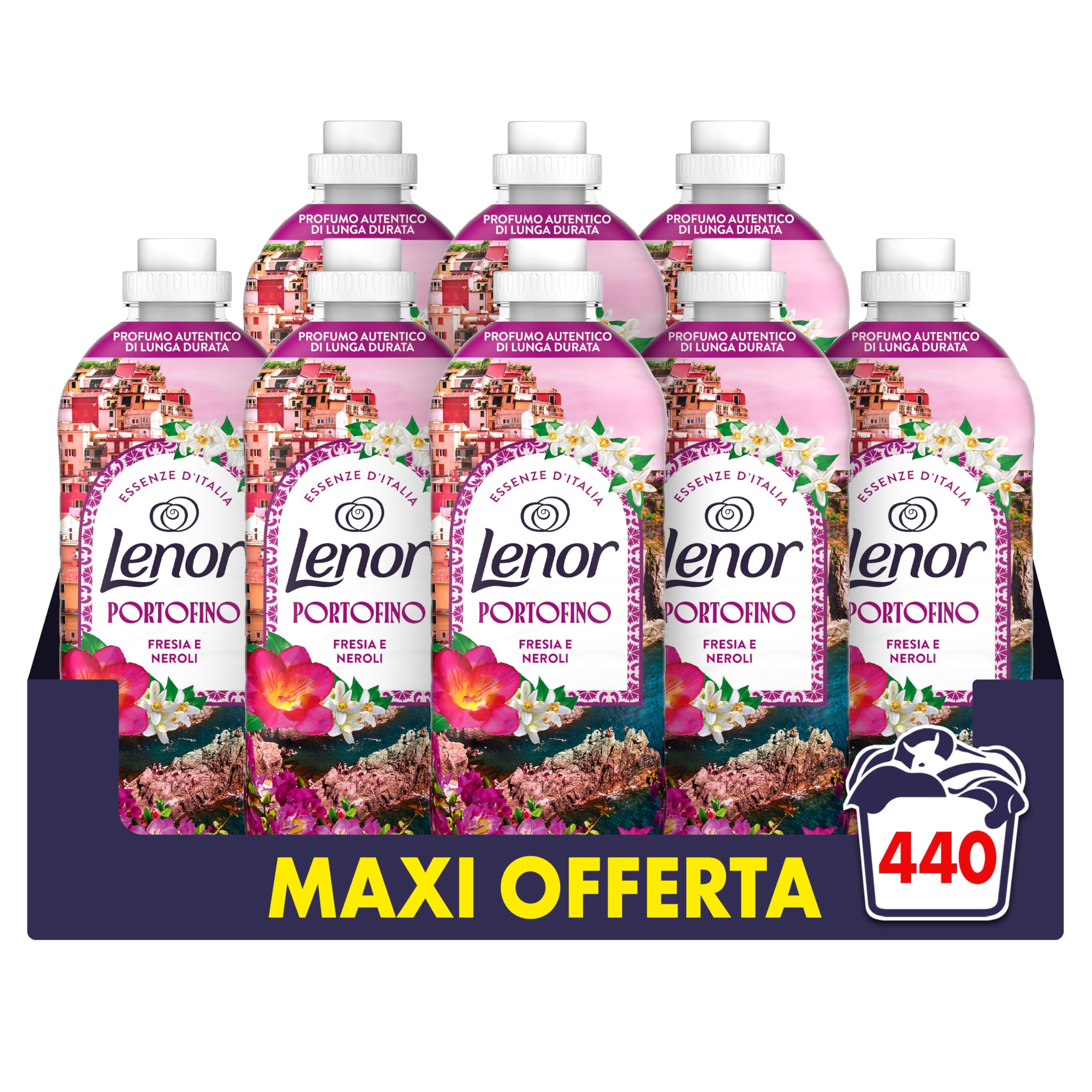 Lenor Ammorbidente Concentrato Essenze d’Italia, 440 Lavaggi (8x55), Portofino, Note Di Fresia e Neroli, Profumo autentico di lunga durata