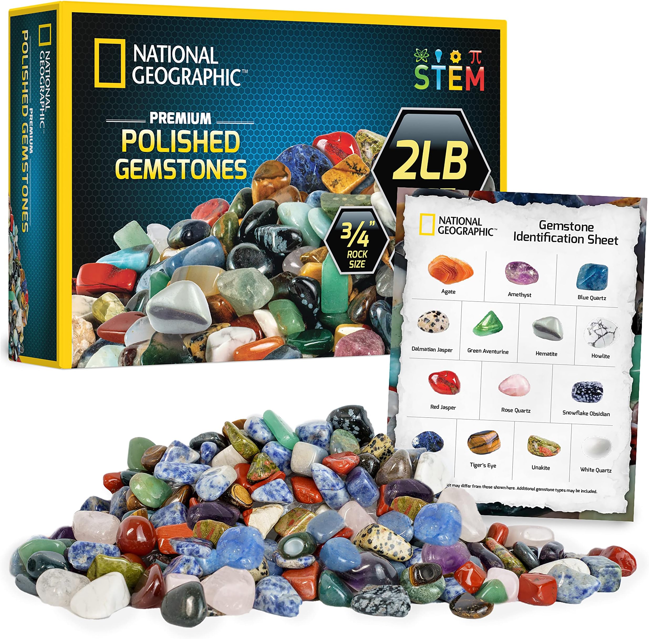 Blue Marble NATIONAL GEOGRAPHIC Premium Polished Stones - 2 Pounds of 3/4-Inch Tumbled Stones and Crystals Bulk, 4500+ Carats, Gemstones for Kids, Rock and Mineral Kit, STEM Toys