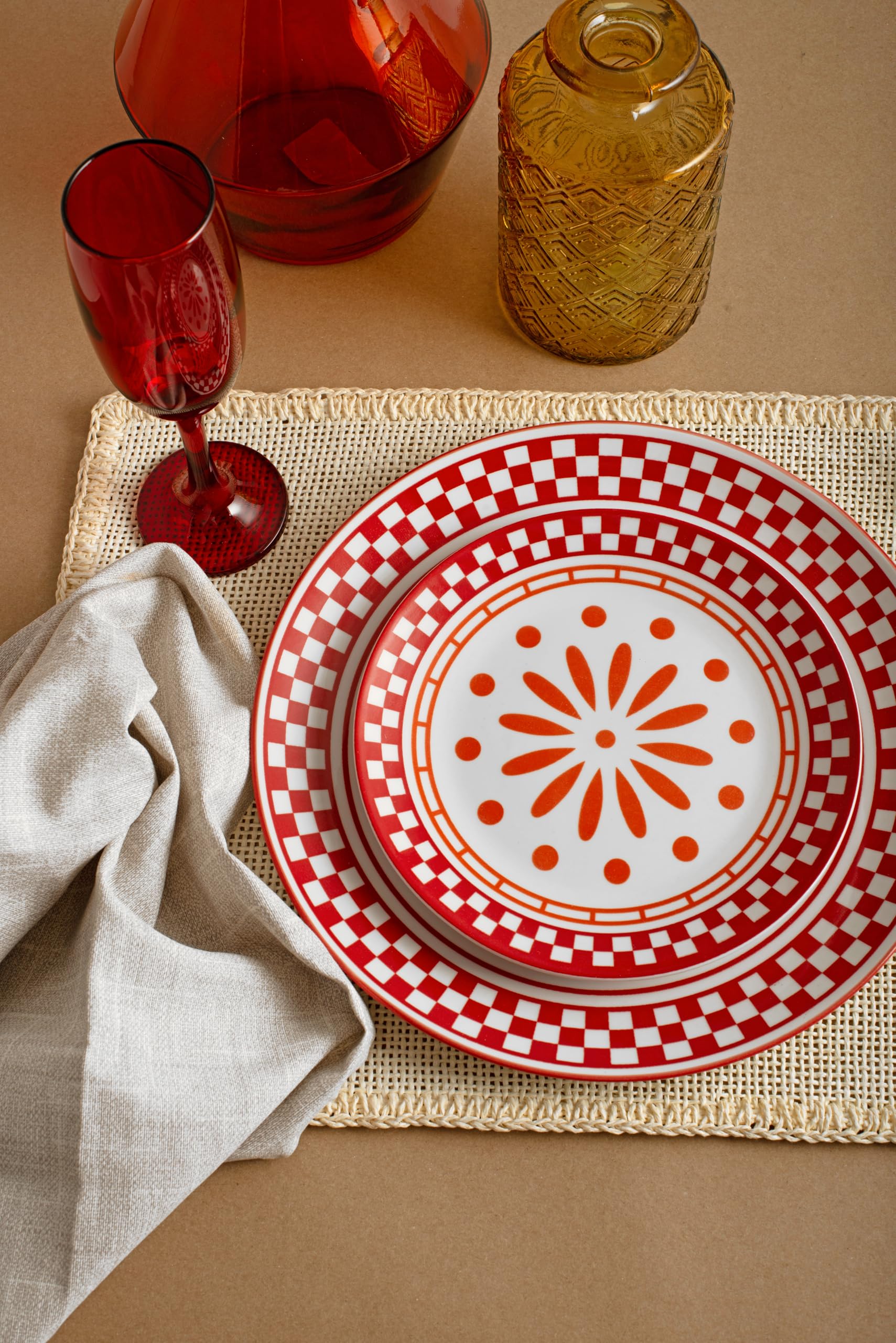 H&H Servizio Tavola Kora 18 Pezzi in Porcellana Decorata - Piatti Piani, Fondi e Frutta con Decorazioni Rosse e Arancioni - Adatto Lavastoviglie e Microonde, Idea Regalo Perfetta