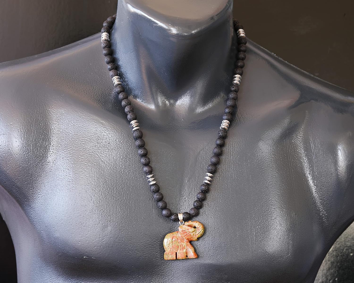 ElisaJewelryArt - Natural Unakite Elephant Pendant Black Lava Stone Beaded Necklace Genuine Gemstone Strenght Stone Clasp Closure Necklace Unisex Necklace - Image 3