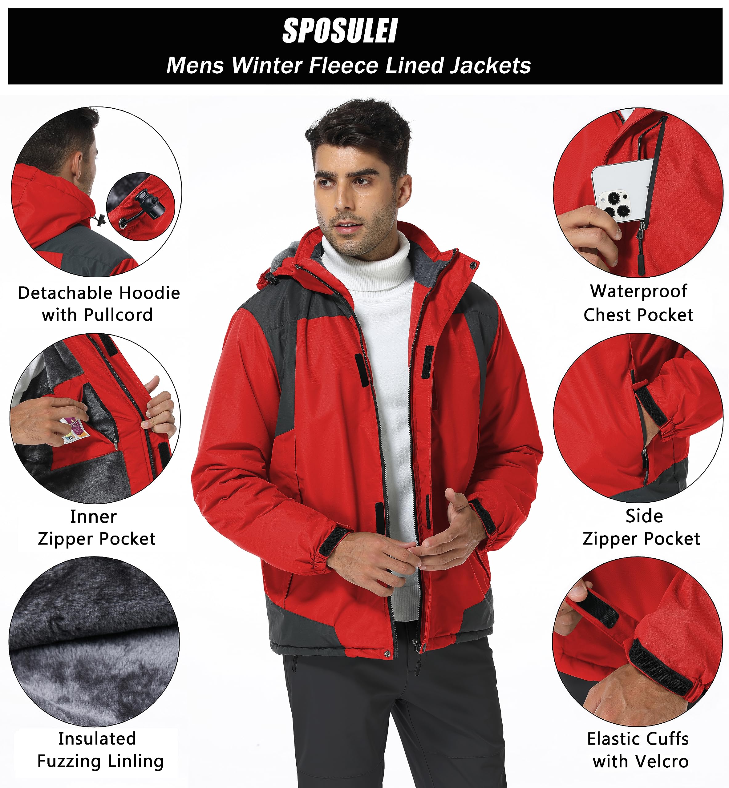 SPOSULEI Chaquetas de esquí para hombre con Hood impermeable forro polar a prueba de viento múltiples bolsillos