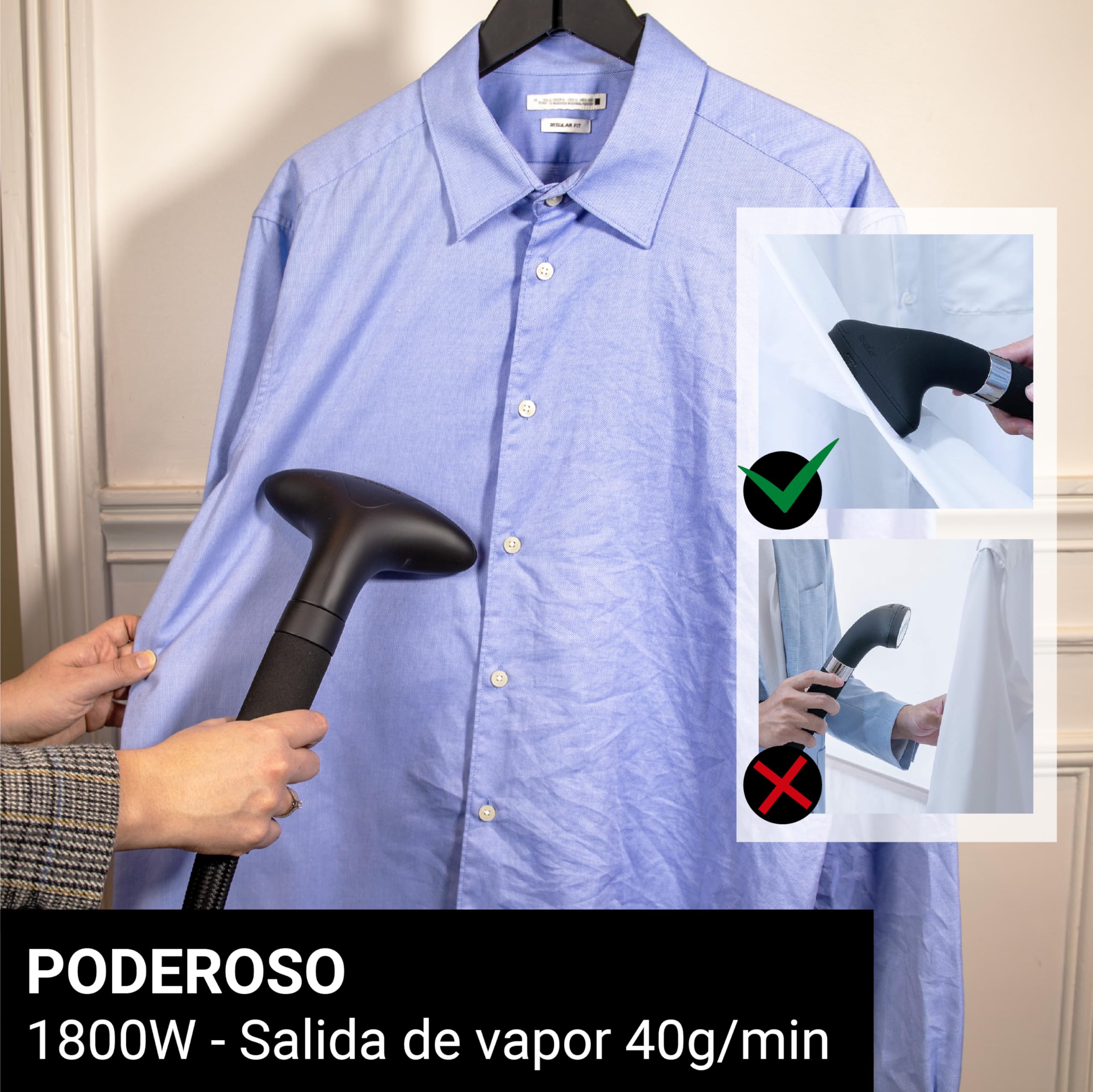 STEAMONE- Plancha de Vapor Vertical 1800W- Tanque de 1,8L- Fácil de Mover 4 Ruedas Motrices- Calentamiento 60s- Válvula Anti-Calcárea- Manguera Triple Protección Térmica- Cable 2m- Steamer H18B