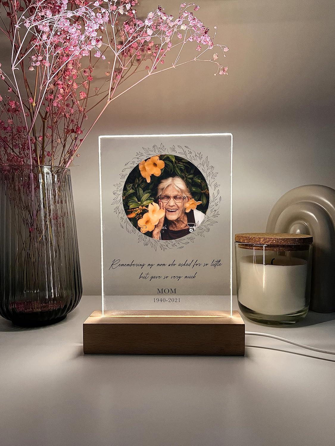 MIRROR MANIA Custom Personalized Photo LED Wood Stand Night Light Up Table Lamp in Loving Memory Loved R.I.P Remembrance Loss Sympathy Bereavement Memorial Table Sign Gift