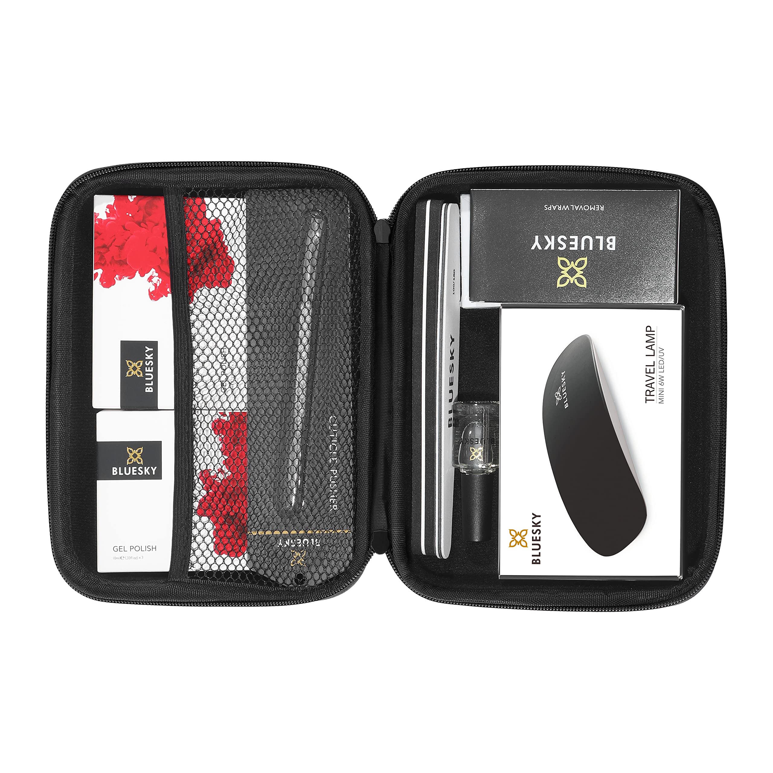 BLUESKY Mini UV Gel Travel Set mit LED-Lampe, Reinigungstüchern, Nagelfeile und -buffer, Überlack, Unterlack und den 3 Farben (BLUESKY Mini Starter Set)