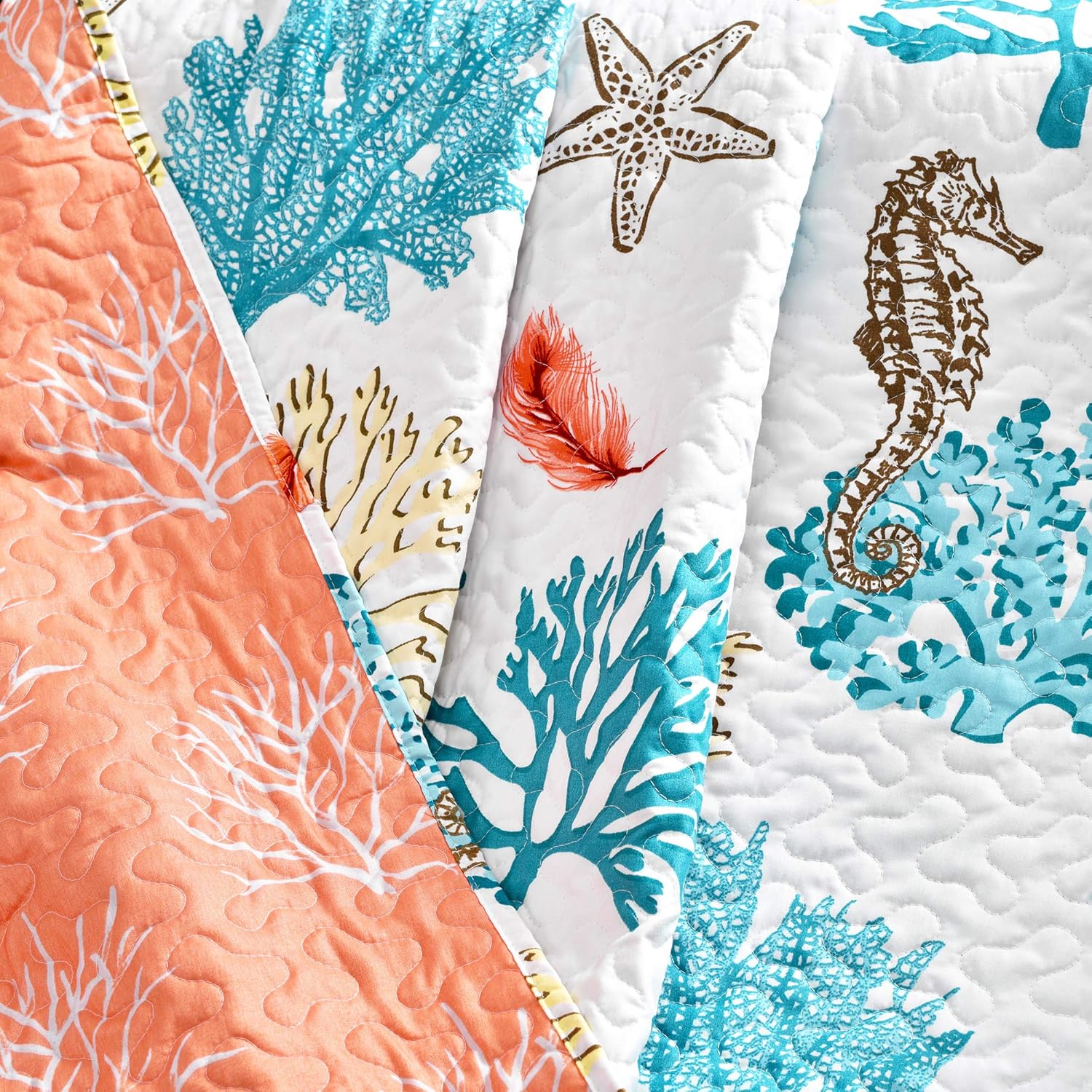 Lush Decor Coastal Reef Feather Reversible Throw Blanket, 50" W x 60" L, Blue & Coral - Throw Blankets for Bed - Couch Blanket - Coastal Throw Blanket for Couch - Image 2