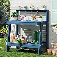 SERWALL 3-Tier Outdoor Potting Bench with Storage - HDPE All-Weather Gardening Table, Angled Legs, Tool Hooks, Heavy Duty 220lb Capacity, Blue
