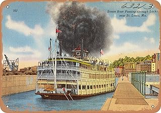 7 x 10 METAL SIGN - Missouri Postcard - Steam boat passing through Locks, near St. Louis, Mo. - Vintage Rusty Look