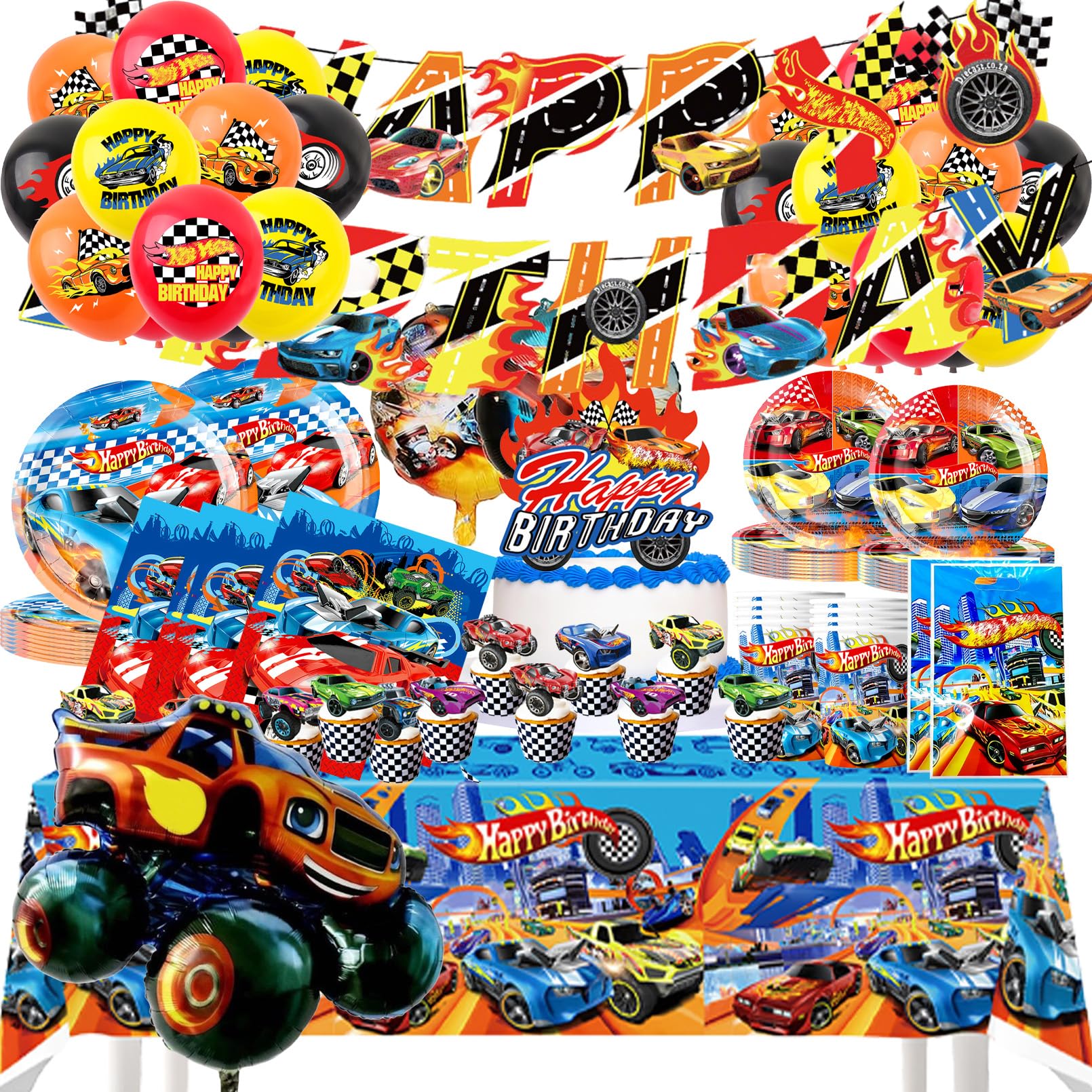 Set Compleanno Hot Whels Stoviglie Festa Auto, Stoviglie Festa Compleanno Auto, Include Tovaglia, Piatti Carta, Striscione, Decorazioni Compleanno per 10 persone