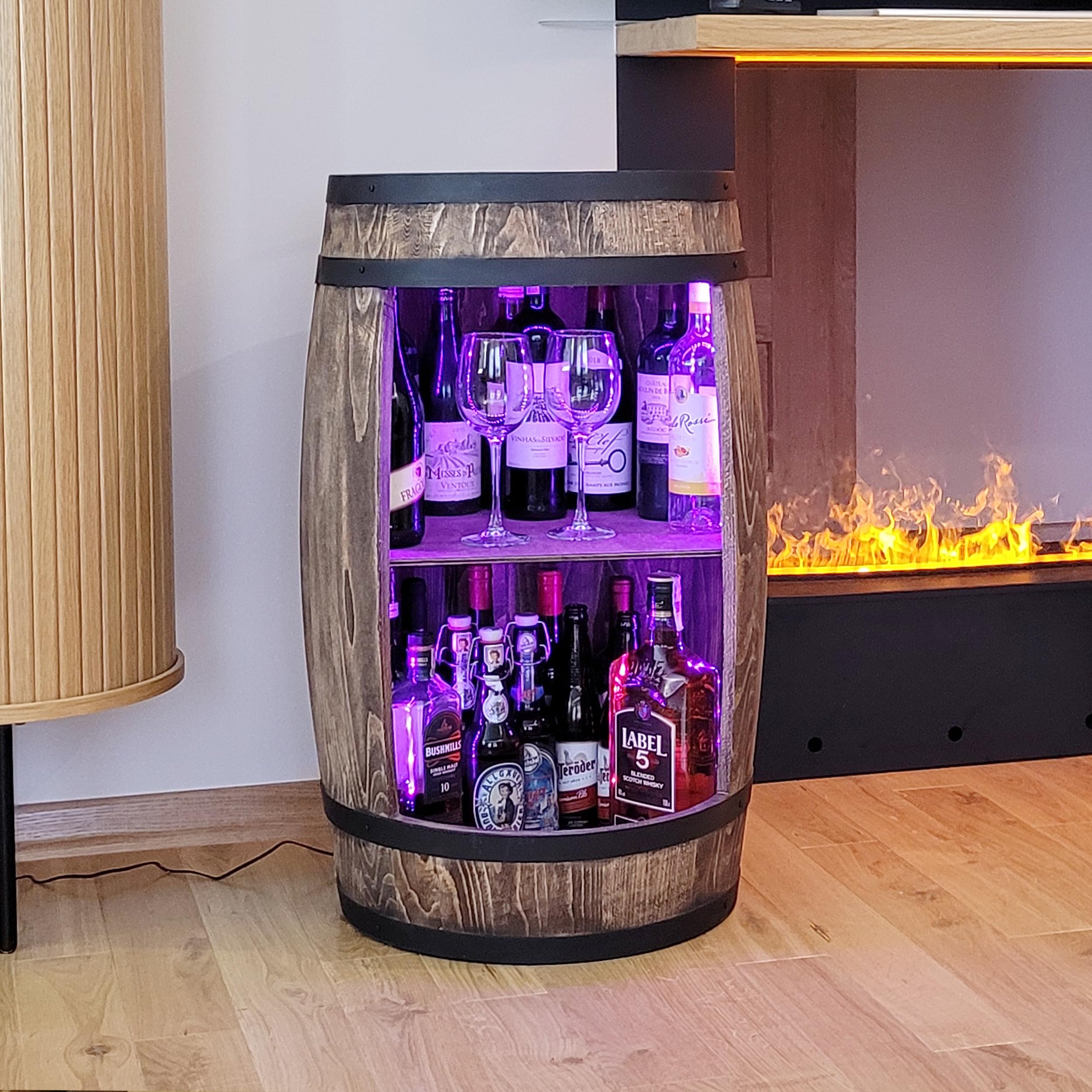 weeco Mobiletto bar a barile in legno con illuminazione a LED RGB, Minibar a forma di botte. Armadietto con ripianoper vini whisky - botte tavolo.Un uomini, Botte per Vino (wengé)