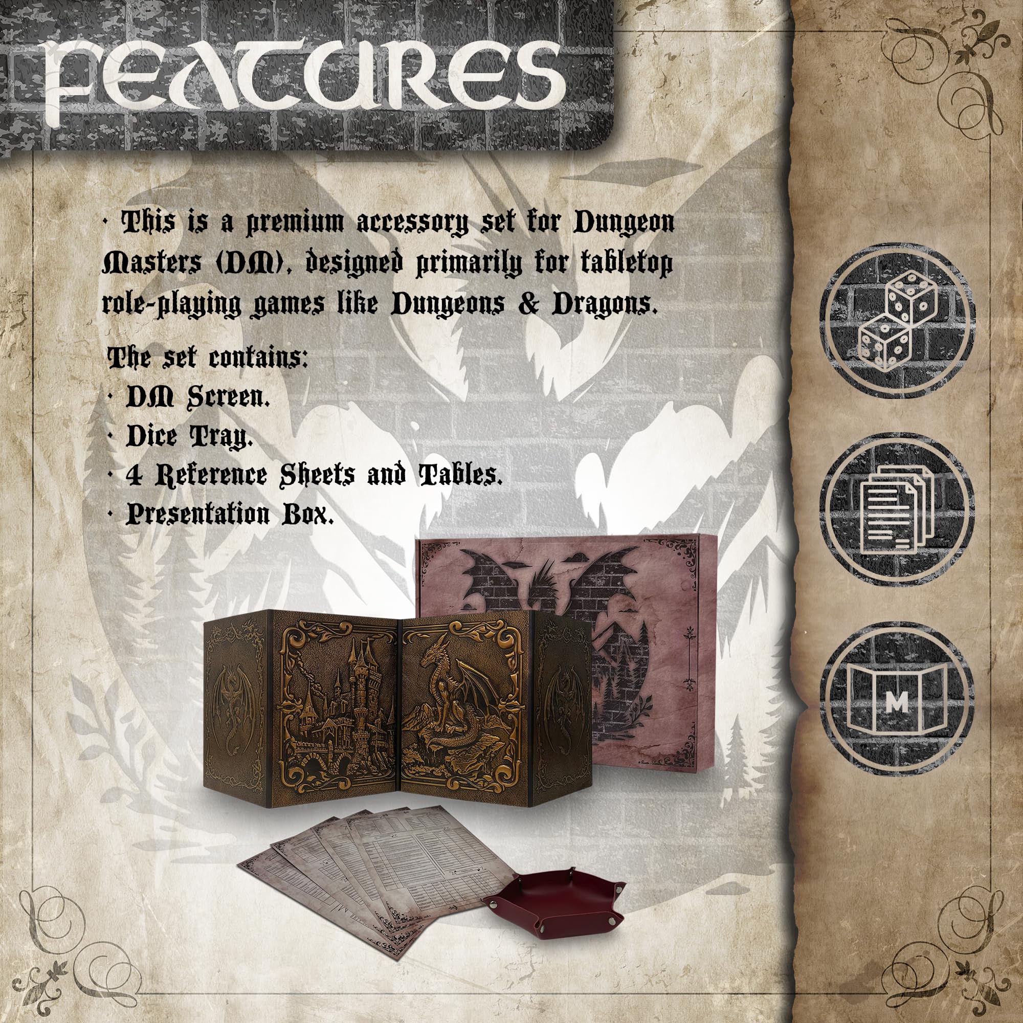 Ekran Dungeon Master z tacą na kości DOJA Hobbies, DM Screen DnD Składany 4 Panele Syntetyczna Miedziana Skórzana Z Dostosowanymi Kieszeniami, Lochy i Smoki Role Play Akcesoria
