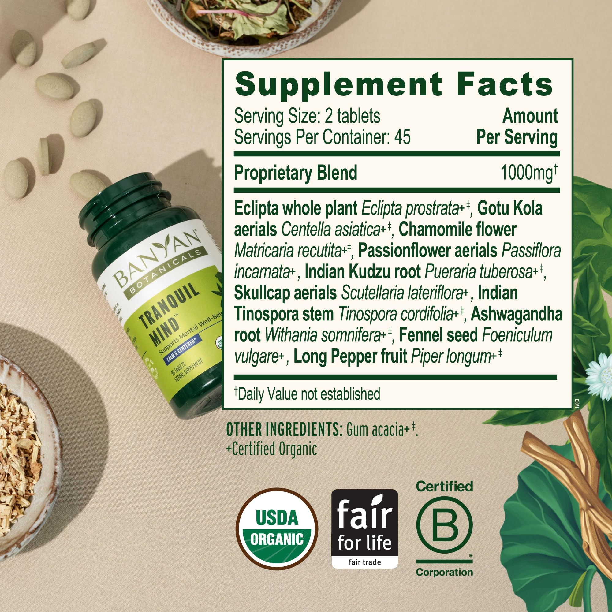 Banyan Botanicals Organic Tranquil Mind – Nervous System Support & Physical Relaxation Supplement – with Skullcap, Passionflower & Gotu Kola – Non-Drowsy Systemic Grounding – 90 Tablets – USDA Organic — Amazon image 5