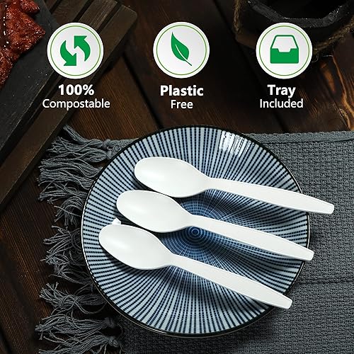 Vista 4 de Cuchara compostable, 100 cubiertos biodegradables para fiestas, gran utensilio desechable respetuoso con el medio ambiente, duradero y resistente al