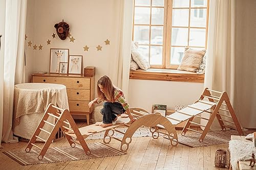 Miniatura 6 de WOOD&ROOM Juego de interior para niños, gimnasio, arco Montessori con escalera triangular, rampa de escalada de arco, balancín y parque de juegos