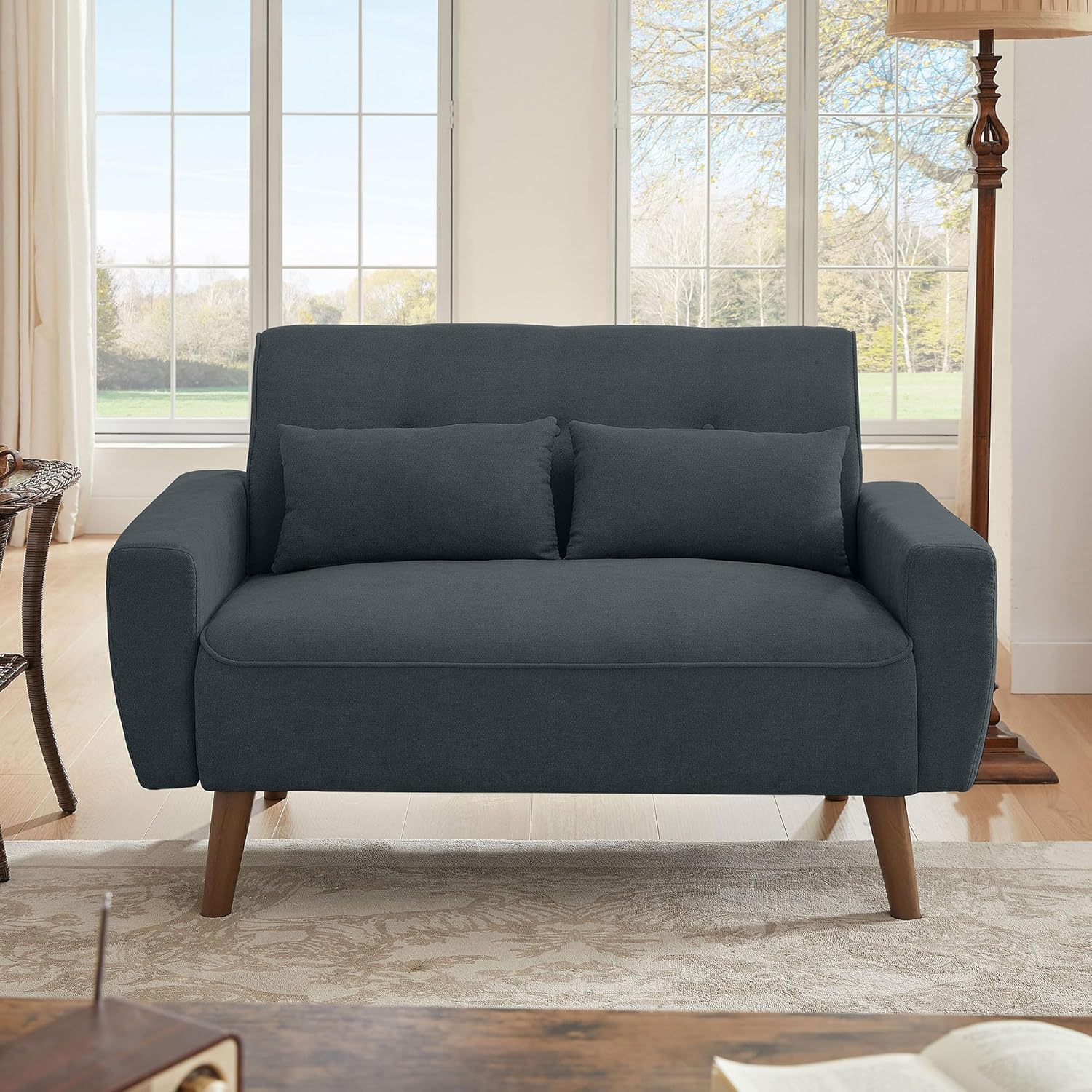 49" Small Loveseat Sofa 2 Seat Black Loveseat Couches Love Seat Sofa Couch with Throw Pillow for Small Spaces Living Room Apartment Dorm Room