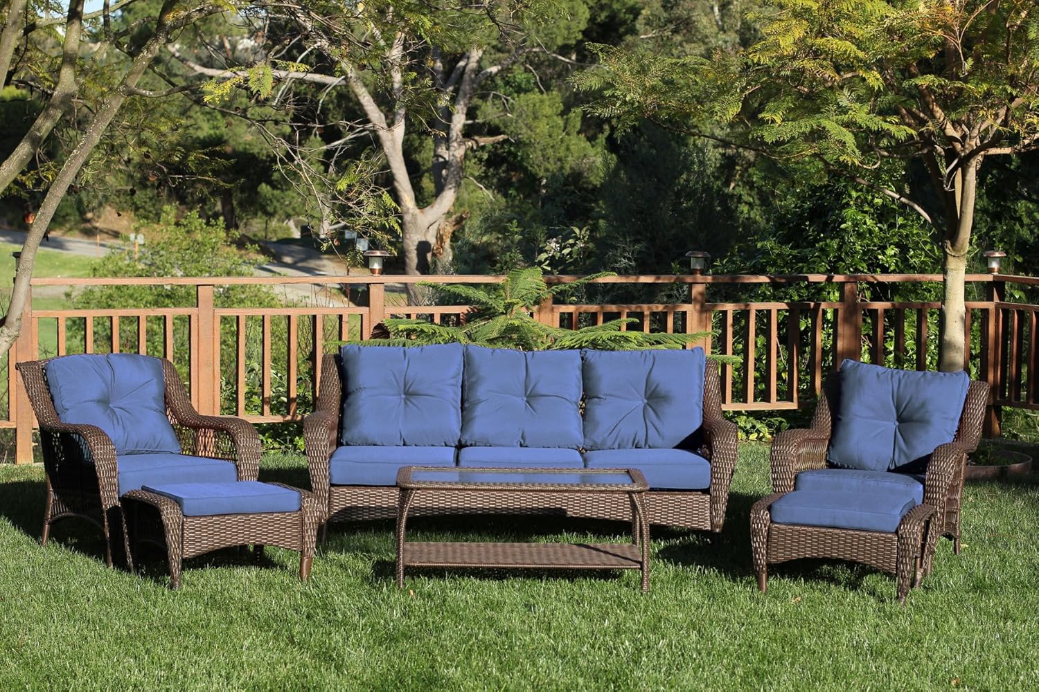 Jeco 6 Piece Wicker Seating Set with with Blue Cushions, Espresso: Furniture & Decor