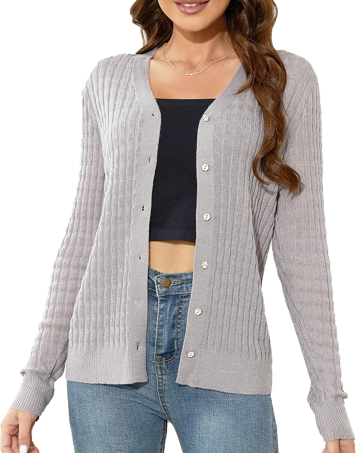EANUER Women’s Lightweight V Neck Long Sleeve Button Down Hollow Out Wool Cardigan Sweaters