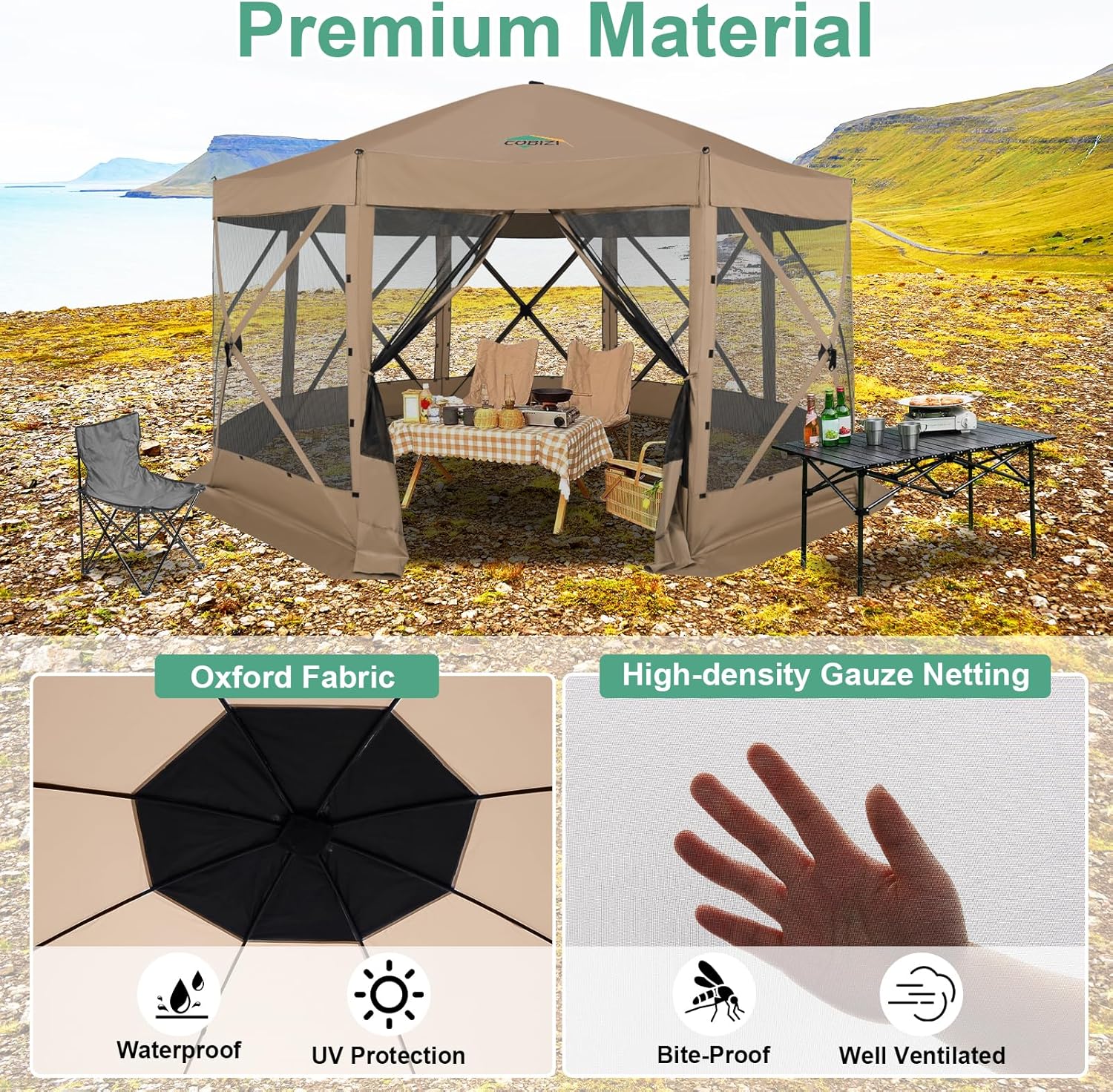 COBIZI 15x15 FT Pop Up Gazebo - Canopy Tent, Large Gazebos On Clearance with Sidewalls, Screened in Gazebo,carpas para Patio,Portable Screen Tents for 12-15 Persons Outdoor Camping, Backyard,Khaki