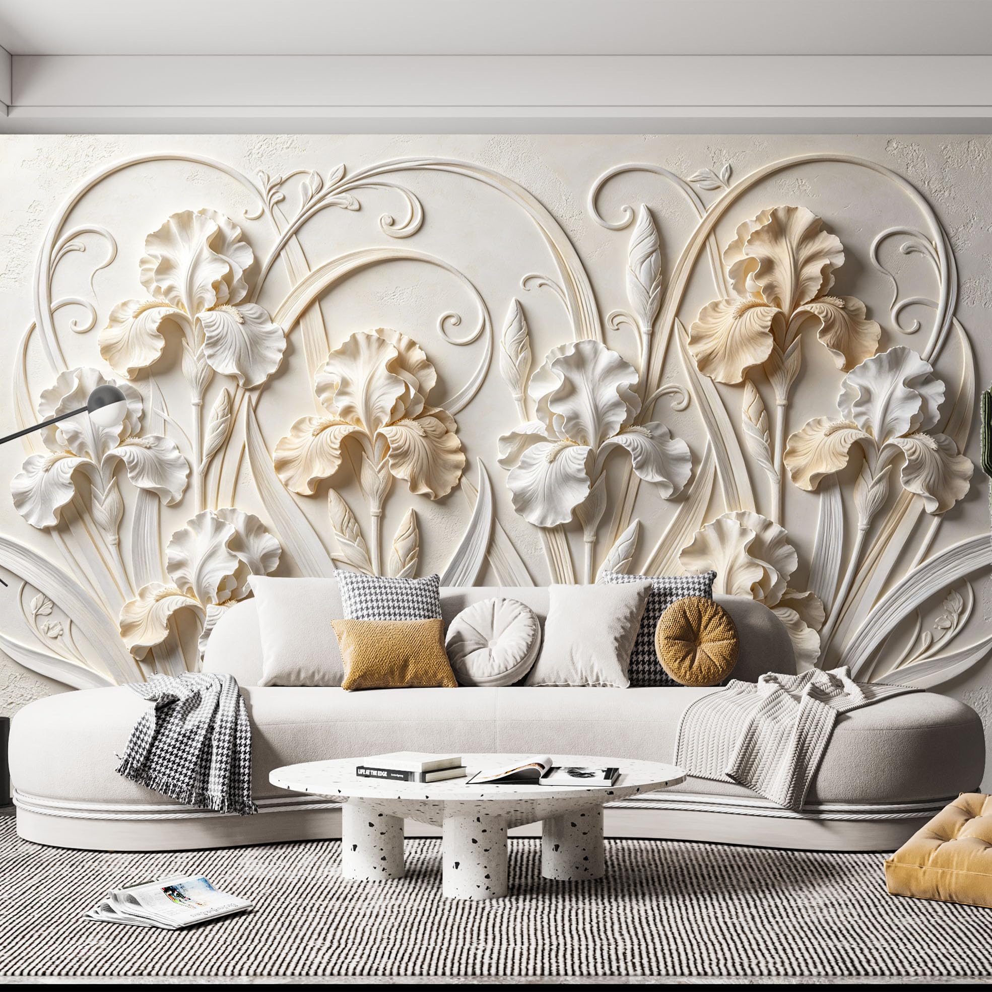 Elegancka fototapeta z kwiatem irysa 3D rzeźba kwiat kwiat włóknina tapeta luksusowa neoklasycystyczny ogród botaniczny fototapeta 350 x 256 cm kremowa biała okładzina ścienna do salonu sypialni