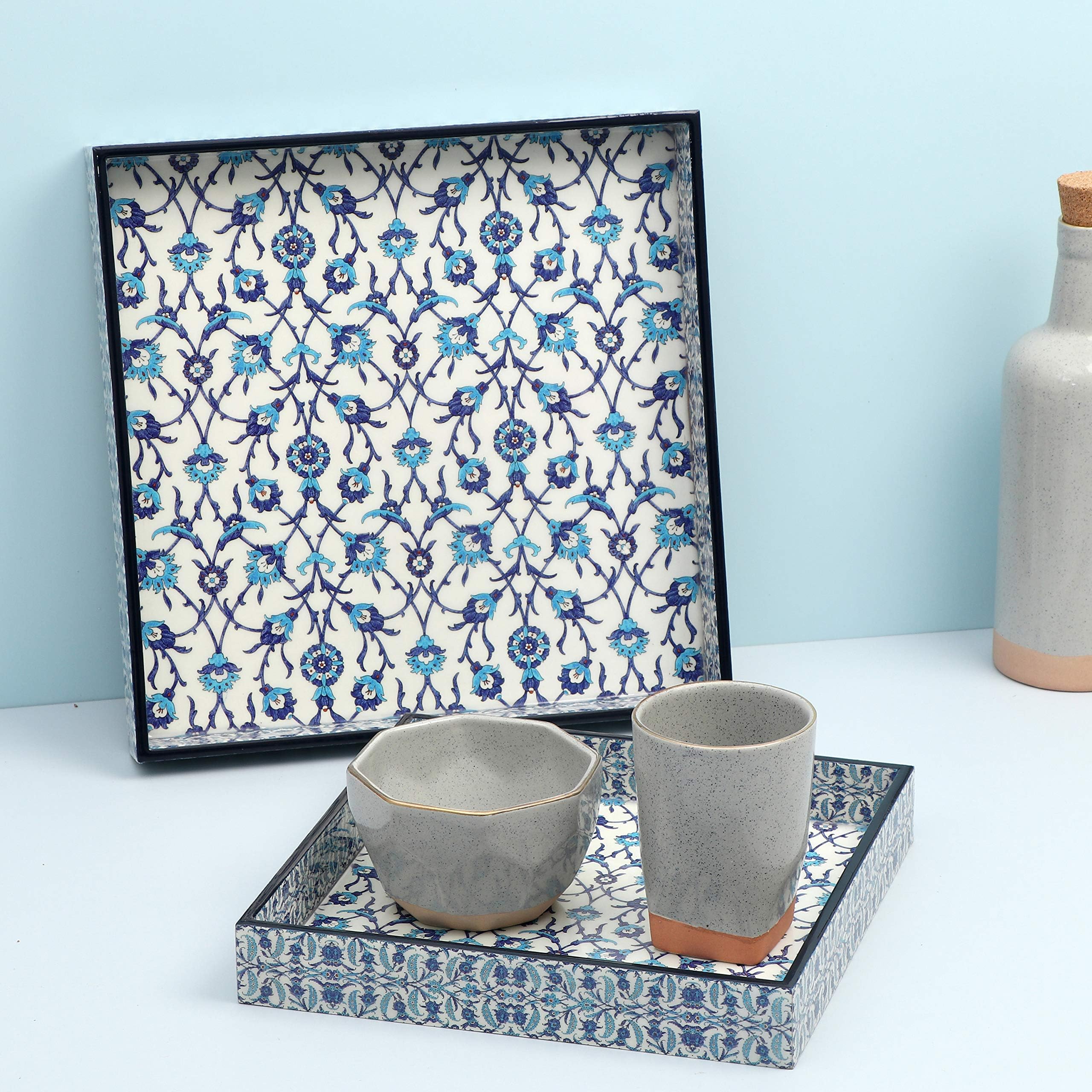 DULI Set of 2 MDF Wood Enamel Coated Multipurpose Trays (10 * 10 & 12 * 12 Inches) (Blue Moroccan)