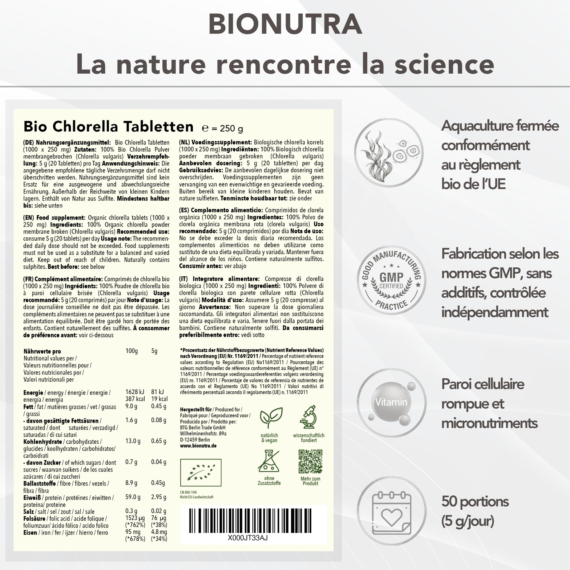 BIONUTRA® Chlorella Bio Comprimés 1000 x 250 mg, contrôlés pour les résidus, produits selon le règlement bio UE, vegan, sans lactose & sans gluten, sans additifs, comprimés chlorella bio