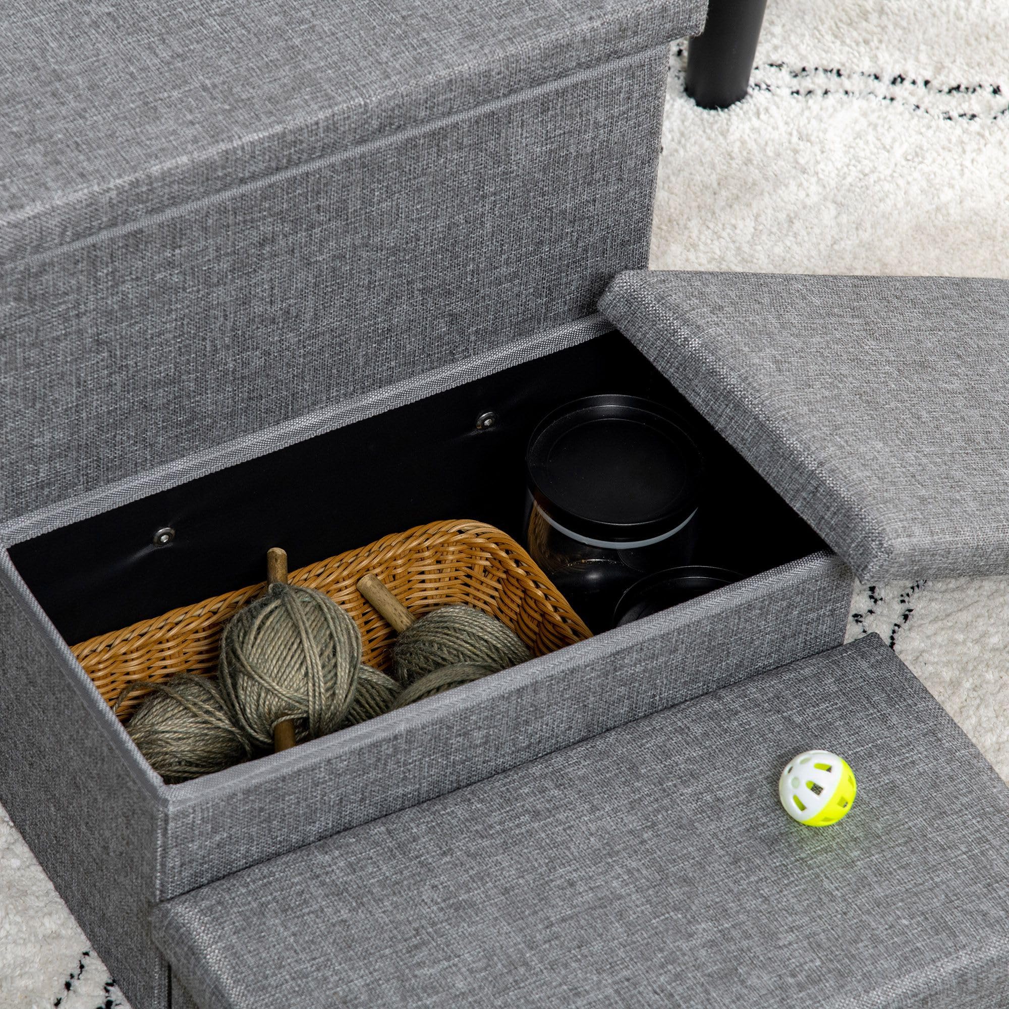 PawHut Escalera para Mascotas para Perros Gatos 63,5x42,5x40,5 cm Gris | 3 Peldaños, Escalones, con Tapas Abribles, Espacio de Almacenamiento