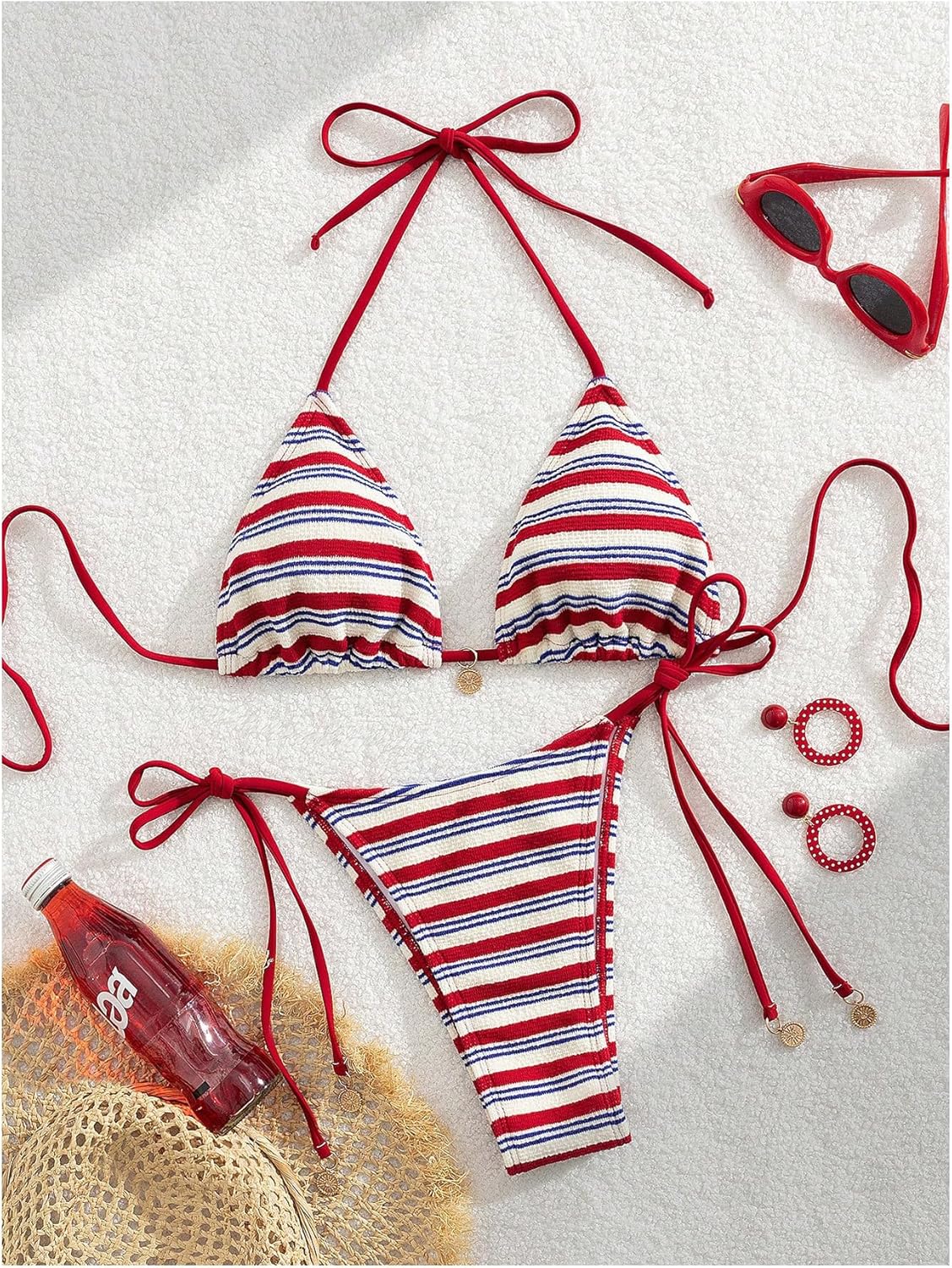 WDIRARA Women's 2 Piece Striped Bikini Set Halter Swimsuits Triangle String Bathing Suit - Image 5