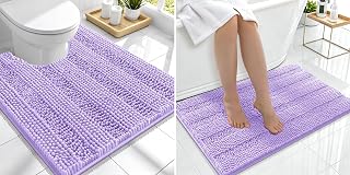 Smiry Striped Thick Bathroom Rug and Contour Toilet Rug, Size 36"x24" + U-Shaped 24"x20" in Lavender, 2 Item Bundle