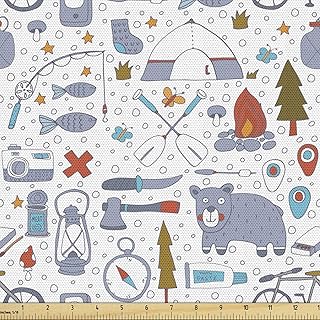 Sponsored Ad - Lunarable Camping Fabric by The Yard, Cartoon Bear Tent and Compass Outdoor Hobby Theme Hiking Doodle, Deco...
