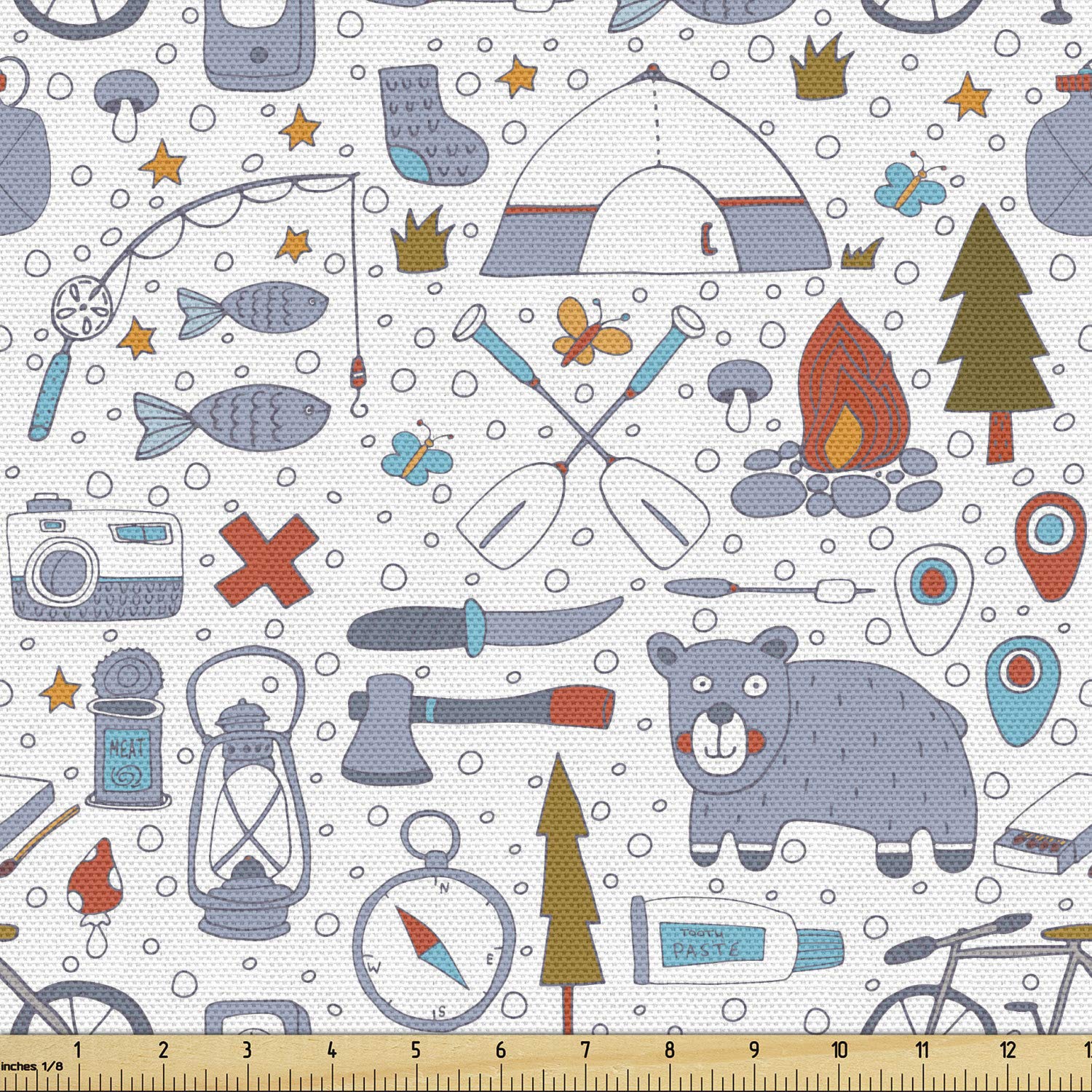 Lunarable Camping Fabric by The Yard, Cartoon Bear Tent and Compass Outdoor Hobby Theme Hiking Doodle, Decorative Fabric for Upholstery and Home Accents, 3 Yards, Vermilion Bluegrey