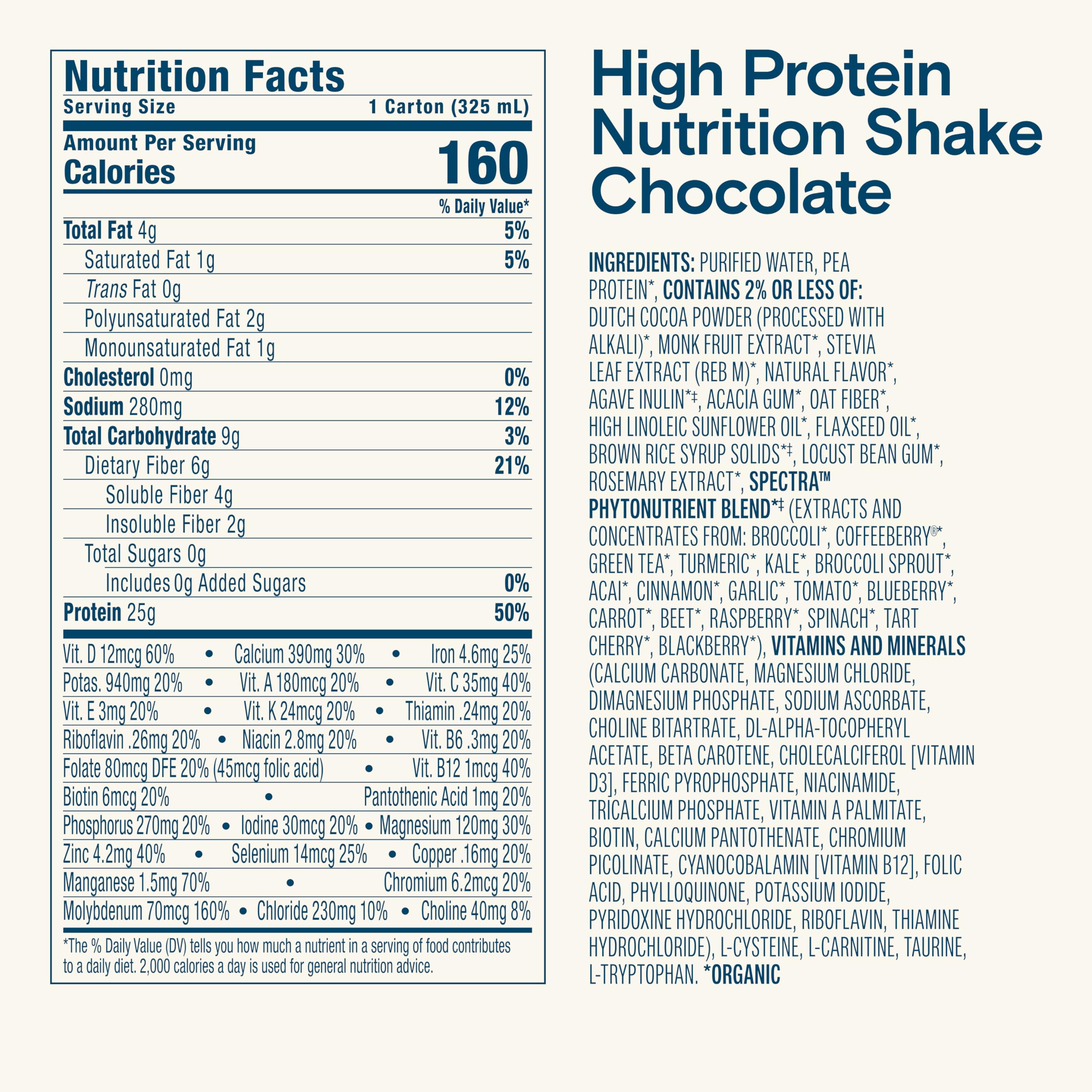 KATE FARMS Organic High Protein Chocolate Nutrition Shake, 25g Protein, 6g Fiber, 27 Vitamins and Minerals, 0g Sugar, Protein Drink, 11 oz Bottle