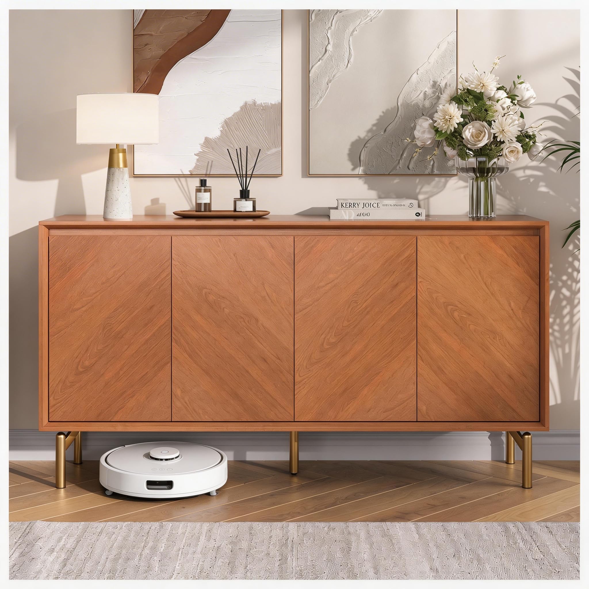 59" Sideboard Buffet Cabinet with Storage, Mid Century Modern Accent Cabinet with Herringbone Doors &amp; Adjustable Shelves, Decorative Media Console Credenza for Living Room Kitchen Entryway, Red Walnut