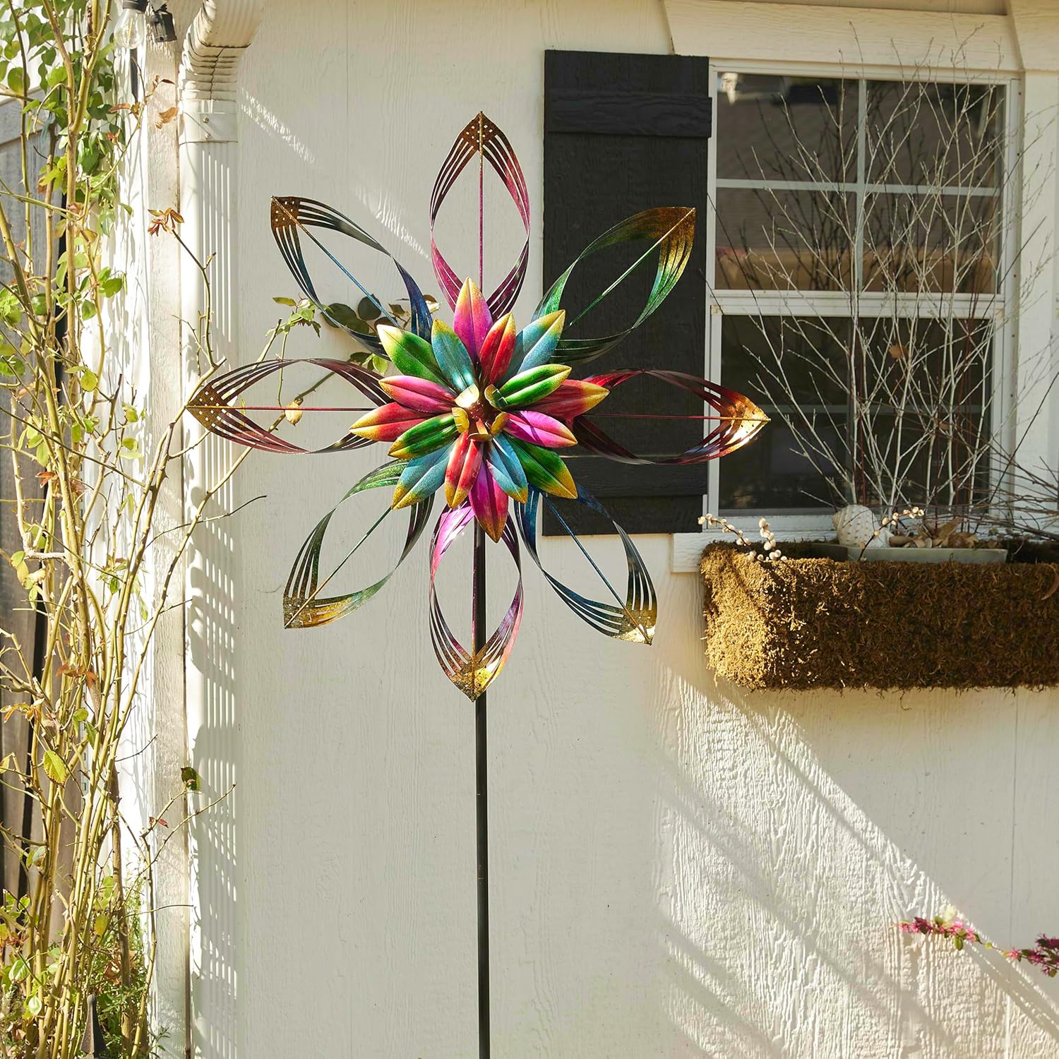 Alpine Corporation 82" H Outdoor Embellished Rainbow Flower Metal Wind Spinner Stake Lawn Decoration