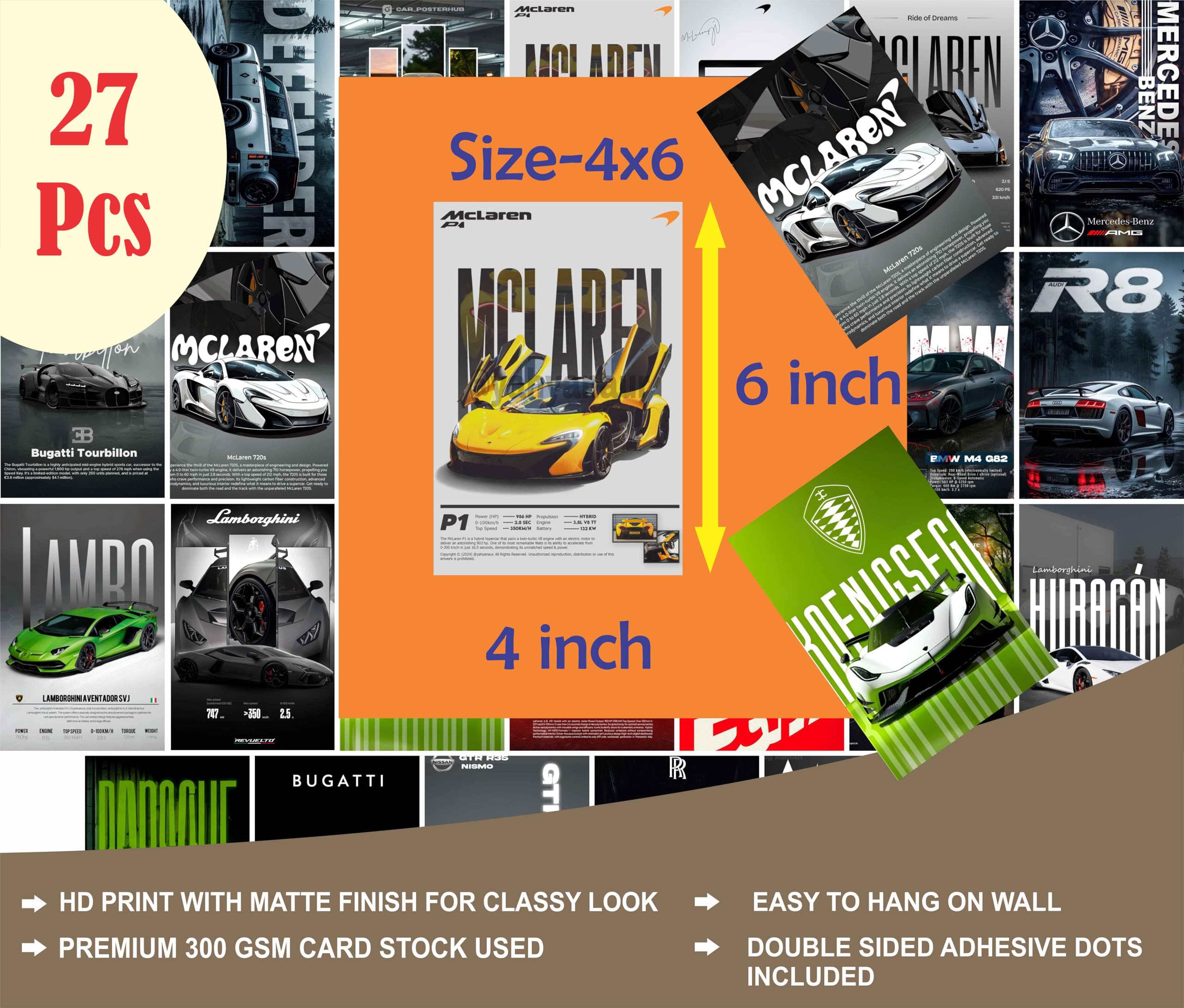 27 Sports Car Posters (10cm*15cm) 300GSM with Double Side Tape for Gym Arena, Gaming Parlour, Living Room Multiple Organising Shape Wall Decals 1