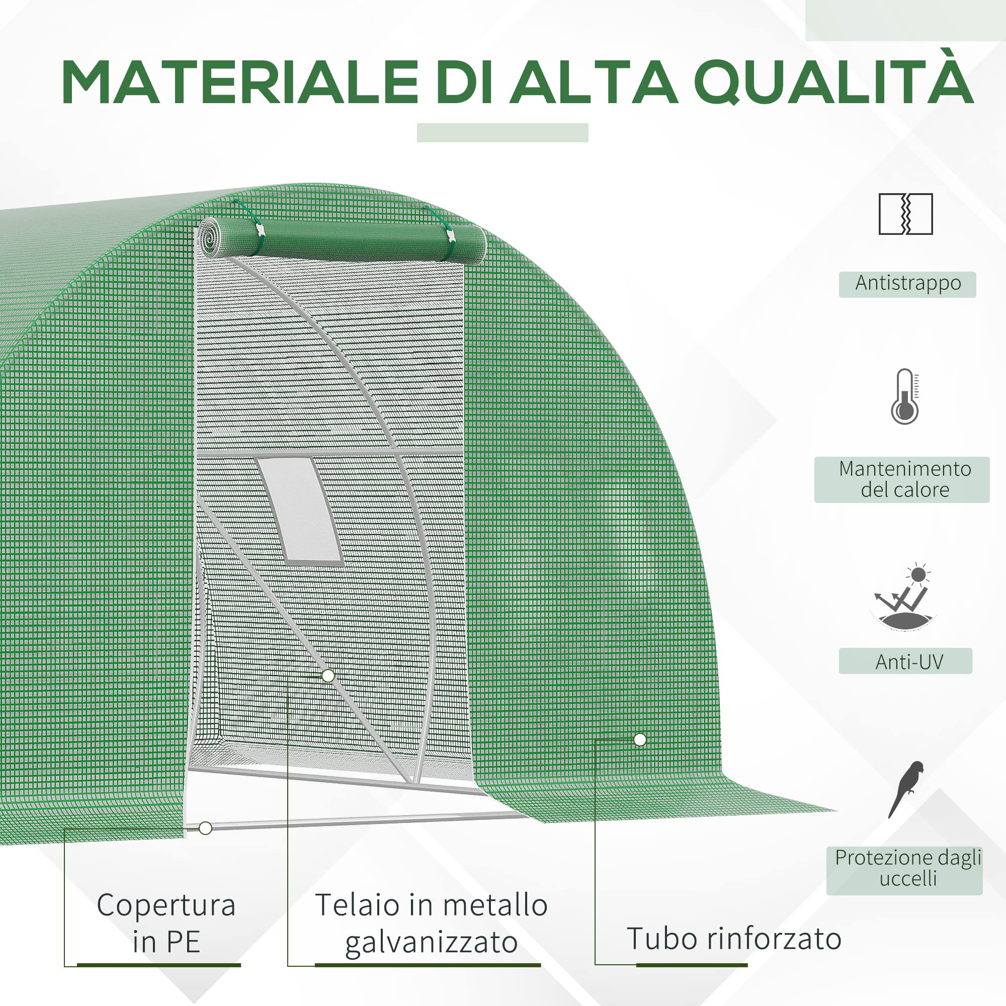 Outsunny Serra a Tunnel da Giardino e Orto 3x3x2m con Copertura in PE, Serra per Piante con Porta e Finestre Avvolgibili, Verde