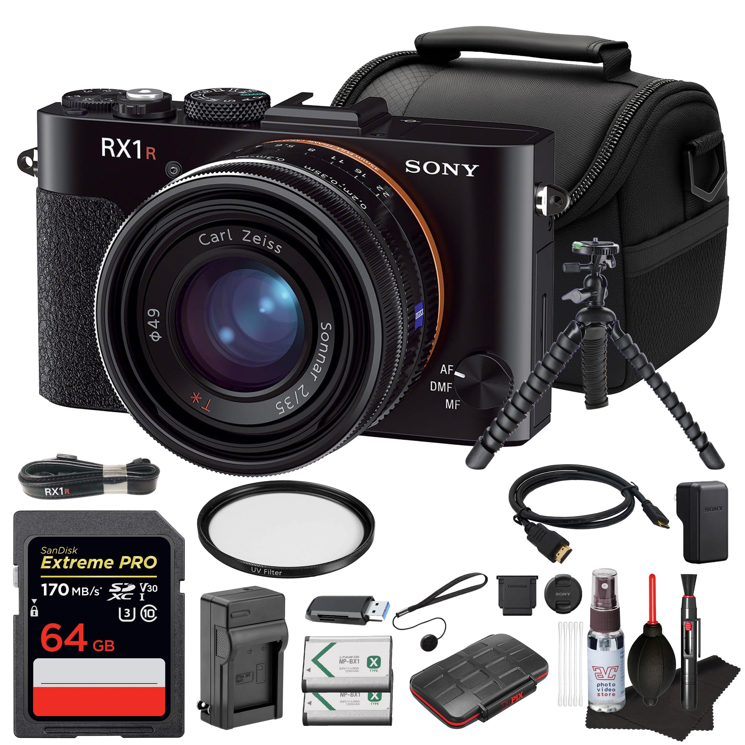 Sony Cyber-Shot DSC-RX1R Digital Camera– Full-Frame 24.3MP Camera with Fixed 35mm f/2 Zeiss Lens – for Travel, Street Photography & Portraits | 64GB Card | Replacement Battery | 49mm UV Filter | More