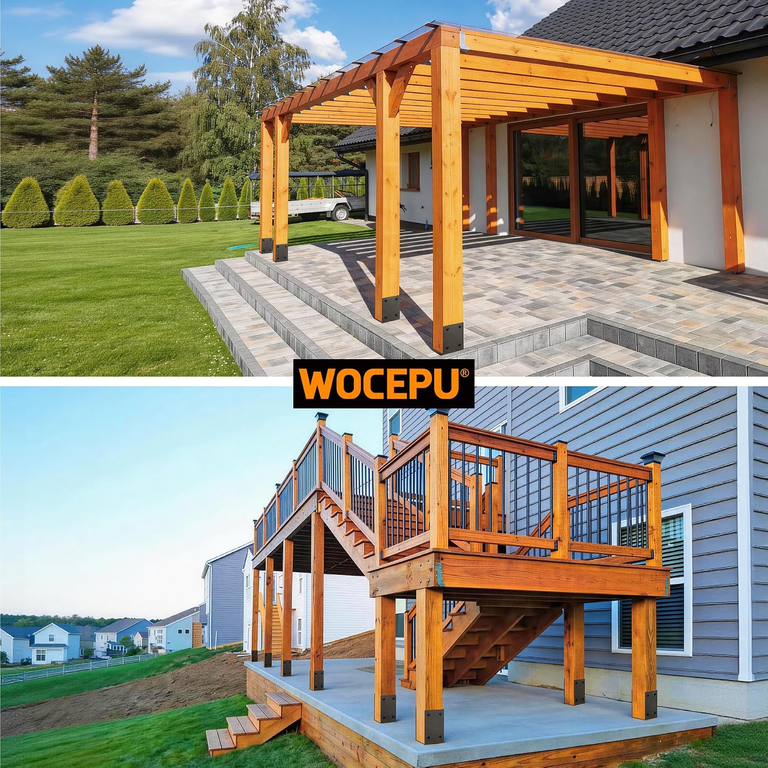 2 Pack Heavy Duty Stainless Steels U-Shape 8"x8"(Actually 7.5"x7.5") Wet Concrete Fence Post Holder, Psot Base, for Fence, Deck Railing, Pergola Wood Post Bracket Anchor (Dark Grey) image 5