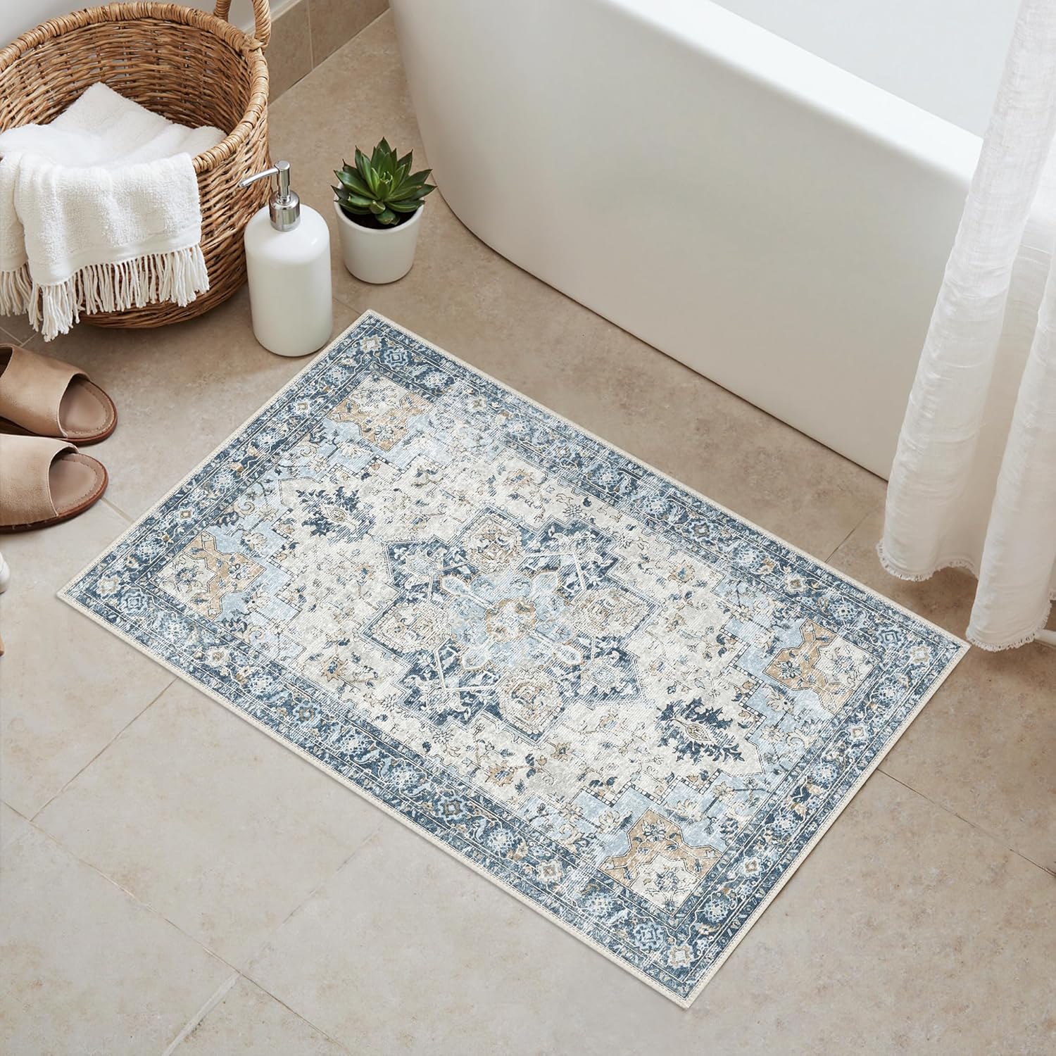GENIMO 29"x17" Area Rugs for Living Room, Machine Washable Non Slip Vintage Rugs, Low Pile Soft Chenille Print Rug for Bedroom, Dining Room, Home Office, Blue