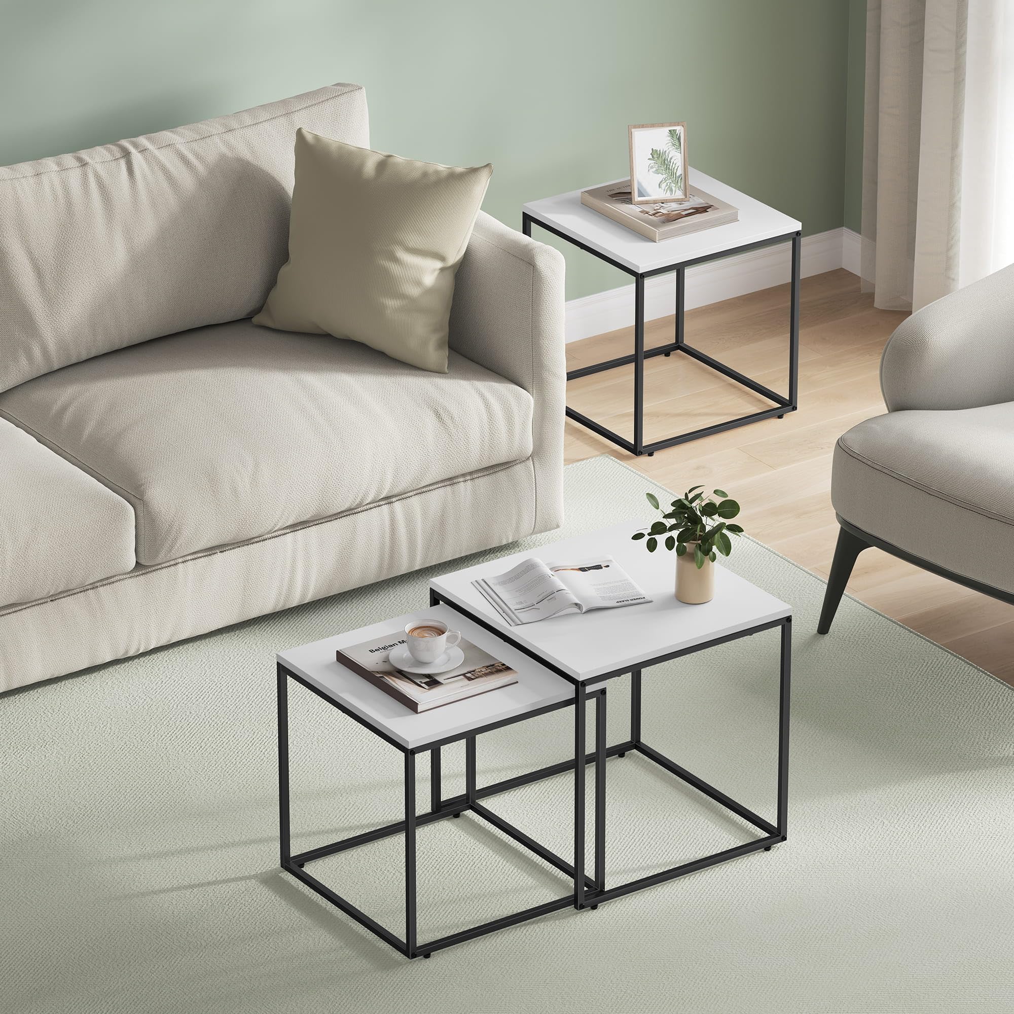 Couchtisch quadratisch 2er Set für Wohnzimmer – Beistelltische im Loft-Design, ineinander schiebbar, Sofatische aus Holzwerkstoff und Stahl, modern, platzsparend (Weiß)