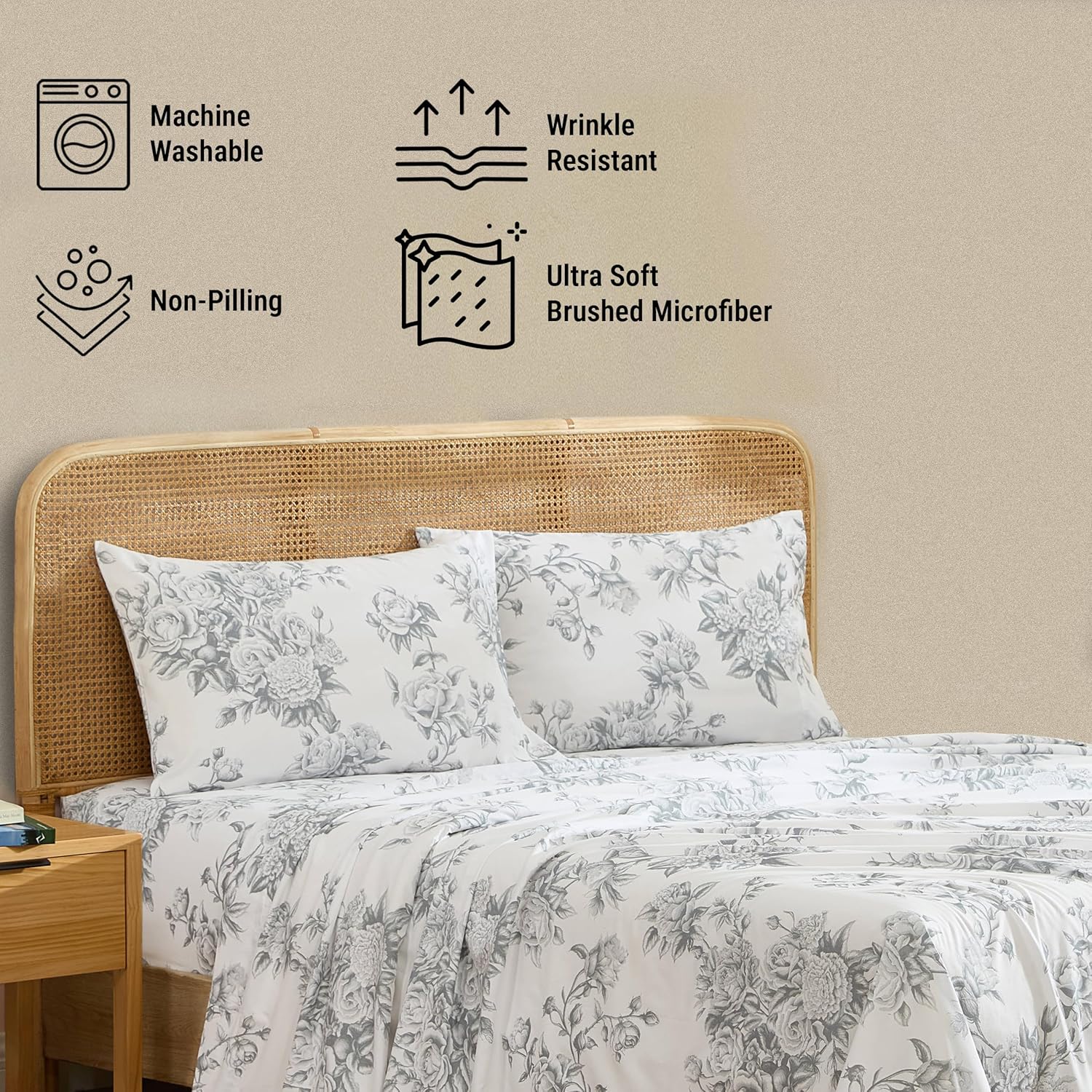 HLC.ME Rose Toile Floral Bed Sheets - 3 Piece Bed Sheet Set - Wrinkle Resistant & Ultra Soft - Fits Mattresses up to 15 Inches Deep (Twin, Grey)