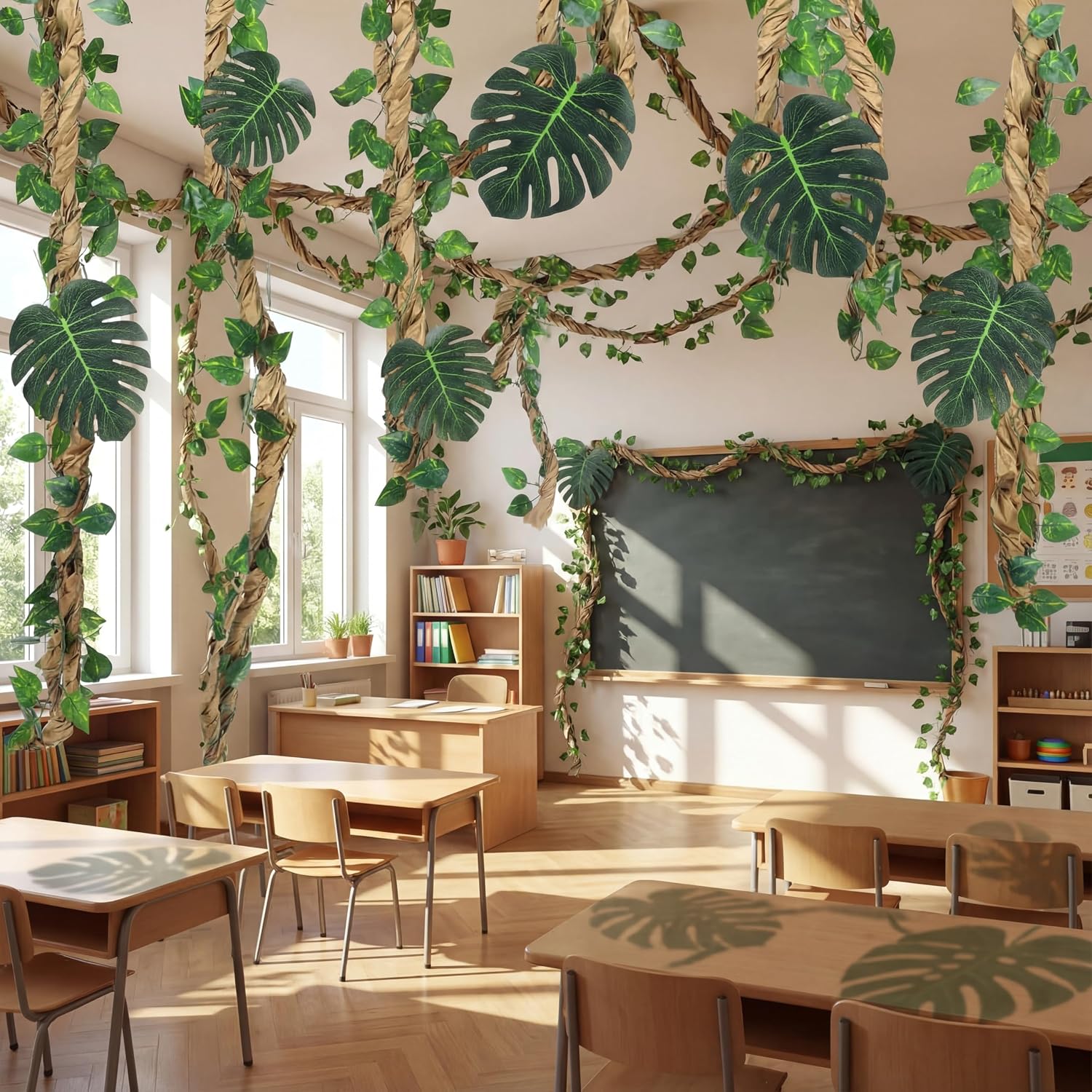 2 Sets Jungle Theme Party Decoration Vine for Classroom,Classic | Room Safari Rainforest Leaf,with 98 ft Kraft Paper,Artificial Ivy Greenery Garland ,Tropical Palm Leaf Design,Back to School