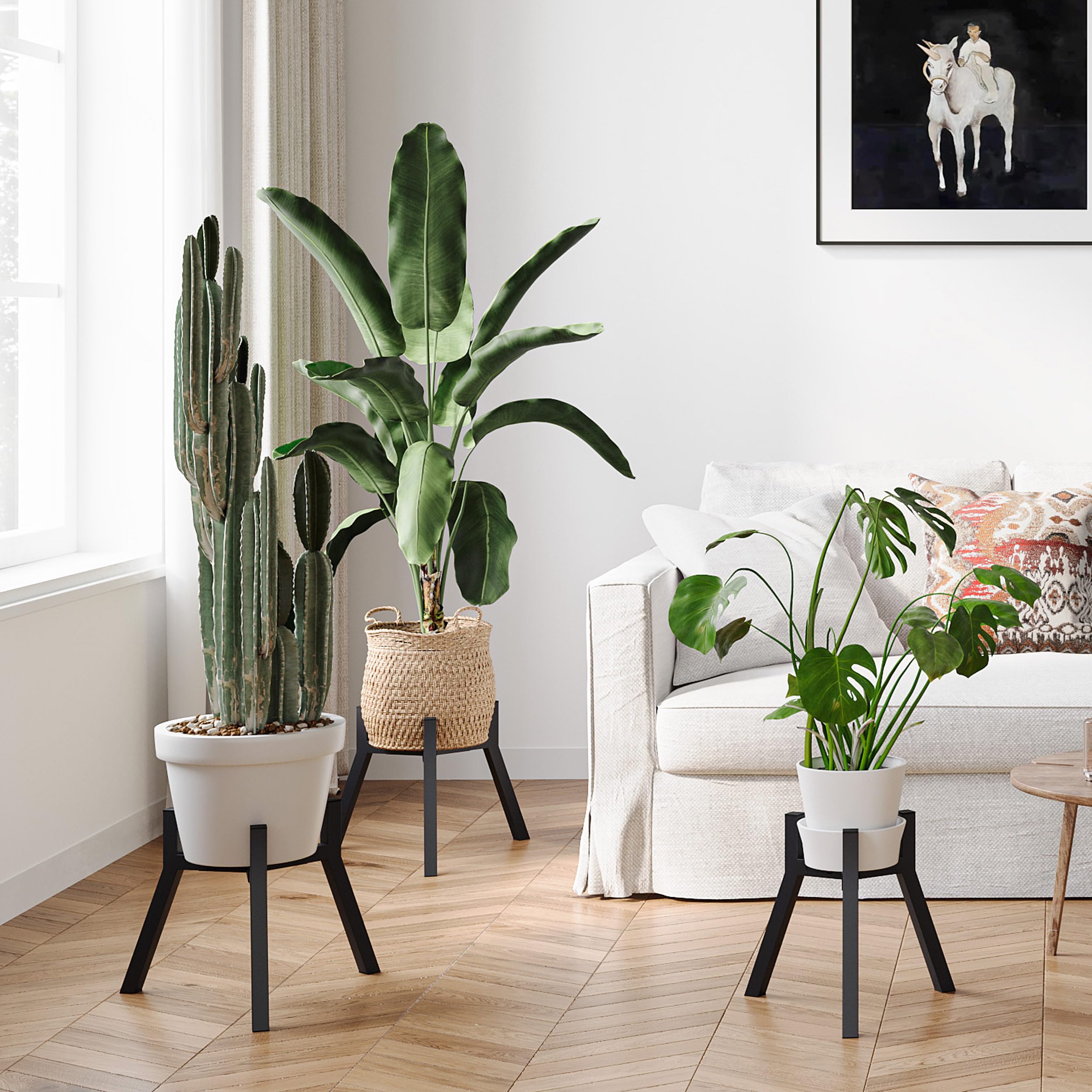 Juego de 2 Soportes Para Plantas y Maceteros Decorativos de Interior Ajustables de Metal Apto Para Macetas de Diferentes Tamaños Negro （Sin Maceta） PS-007BK-2