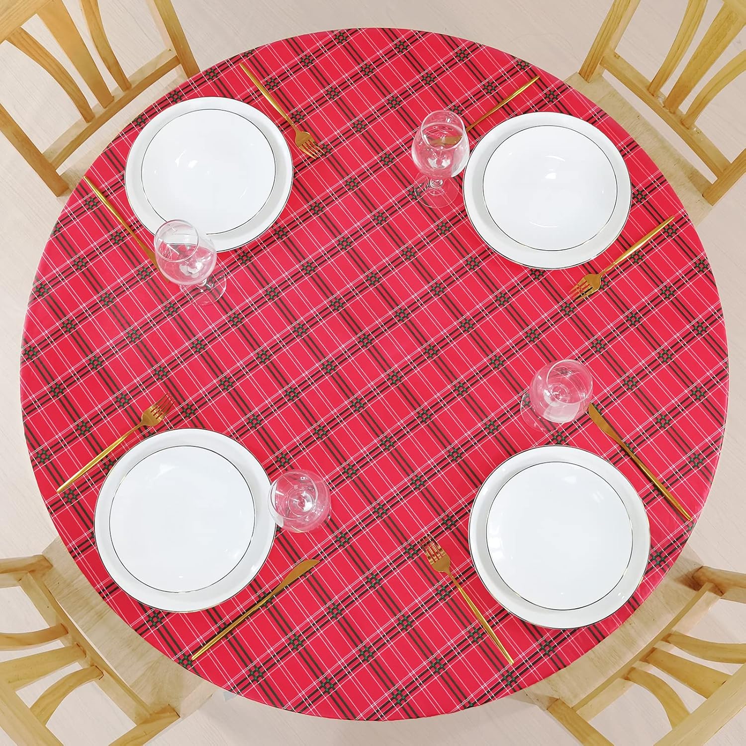 Lifesmells Round Fitted Vinyl Tablecloth Great for Xmas/Parties/Home,Oil&Waterproof Wipeable,Flannel Backed&Elastic Edge,Red and Green Plaid Patterns for Indoor Outdoor Table of 45-56" Diameter : Patio, Lawn & Garden
