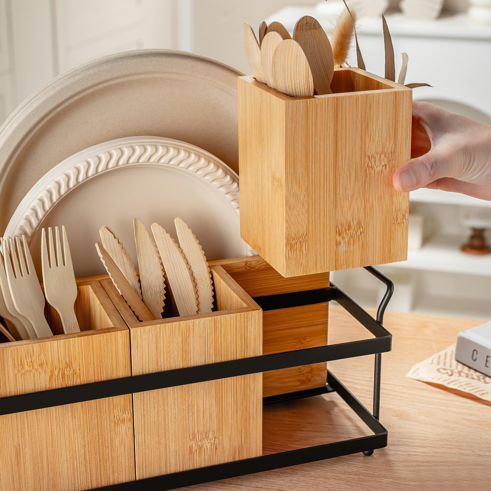 PTSTING Organizador de cubiertos de madera, dispensador de platos de papel, organizador de cubiertos para cucharas, tenedores, platos, servilletas