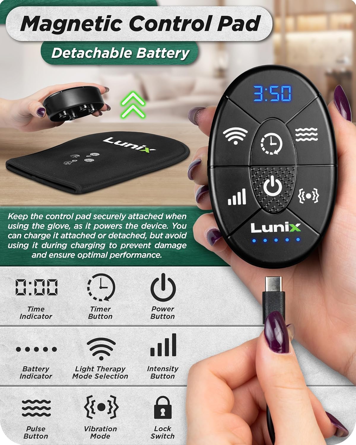 Lunix LX23 Red Light Therapy for Hand, 50 Triple Chips LED 850 and 660nm, Infrared Therapy for Circulation & Joint Support with Vibration, Portable, Rechargeable, Adjustable Intensity - Image 3