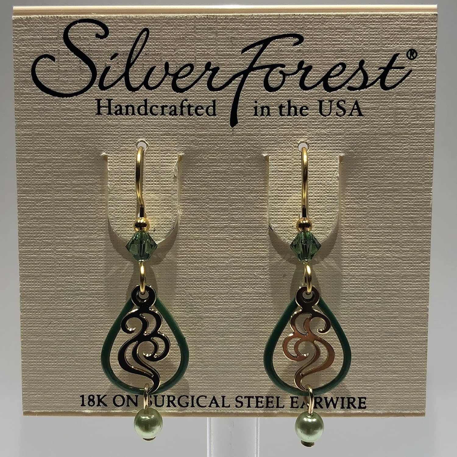 Silver Forest Open Green Tear with Gold Swirl and Green Beads Pierced Earrings. NE-2111