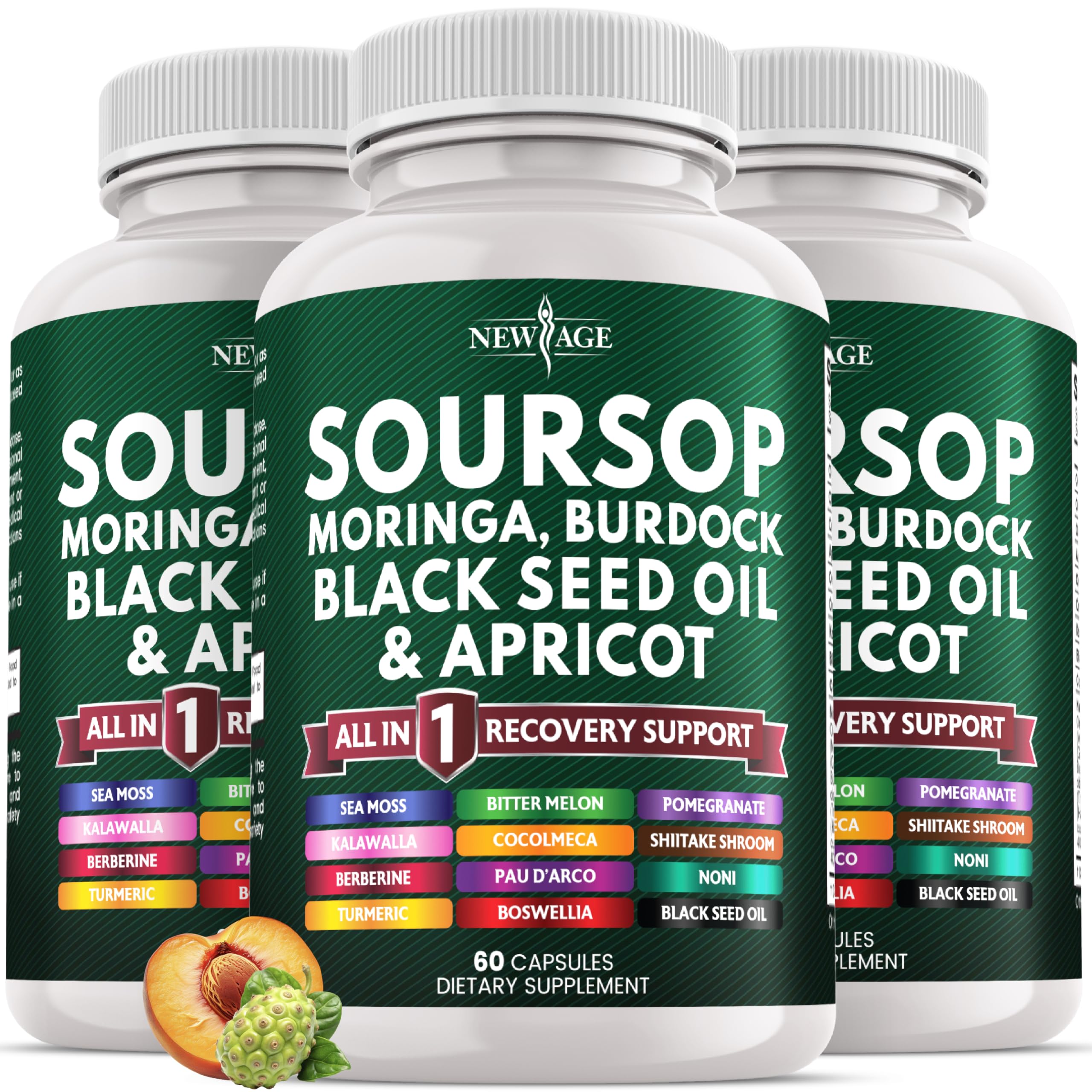 NEW AGE Soursop Supplement - Moringa, Sea Moss, Black Seed Oil, Berberine, Turmeric, Apricot, Quercetin, Greens, Bitters, Boswellia, Bitter Melon, Burdock Root - 180 Capsules