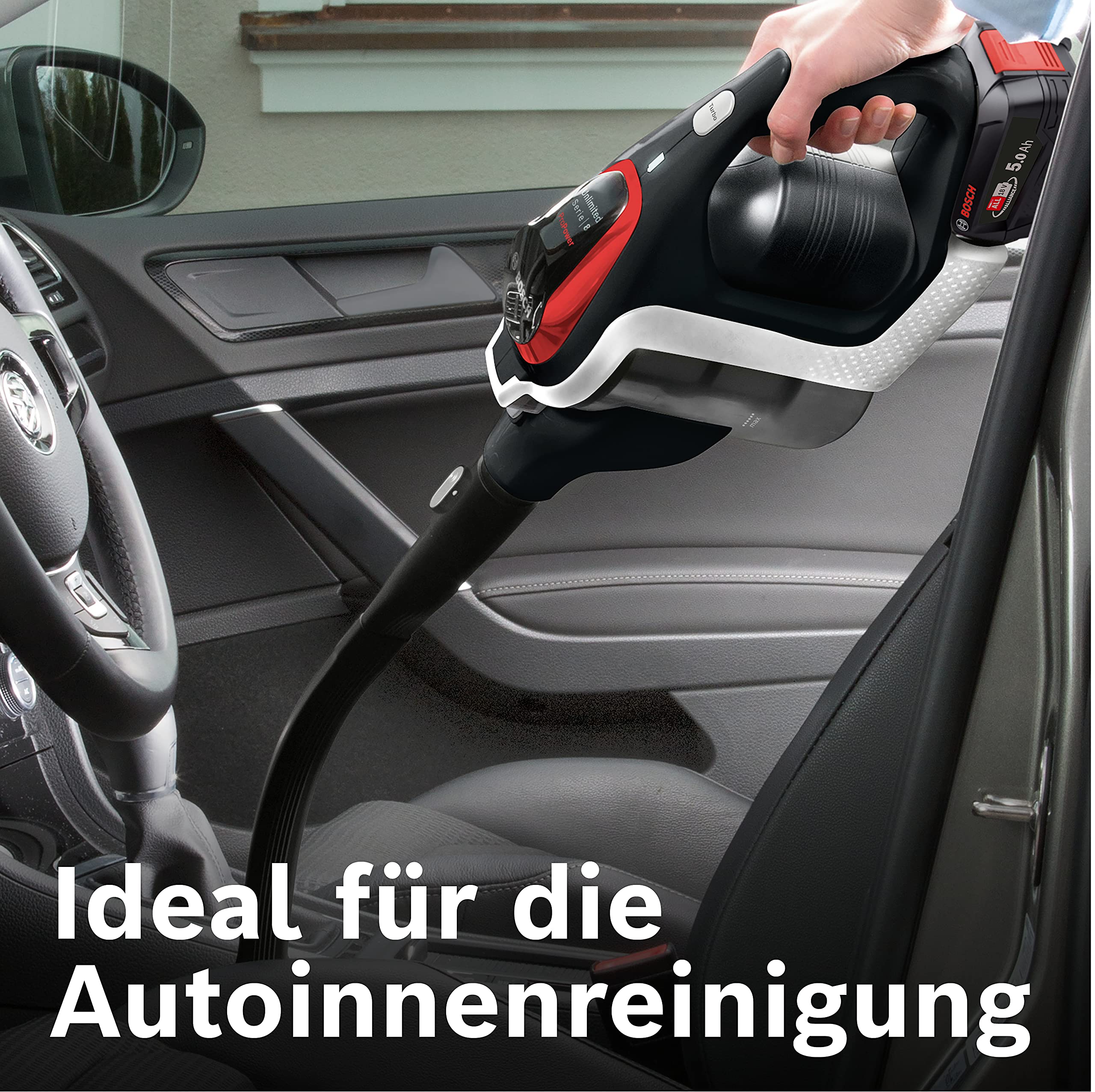 Bosch Akku-Staubsauger Unlimited Serie 8 ProPower BSS81POW1, kabelloser Handstaubsauger, beutellos, Hygiene-Filter, hohe Saugleistung, Lange Laufzeit, XXL-Polsterdüse, Fugendüse, schwarz