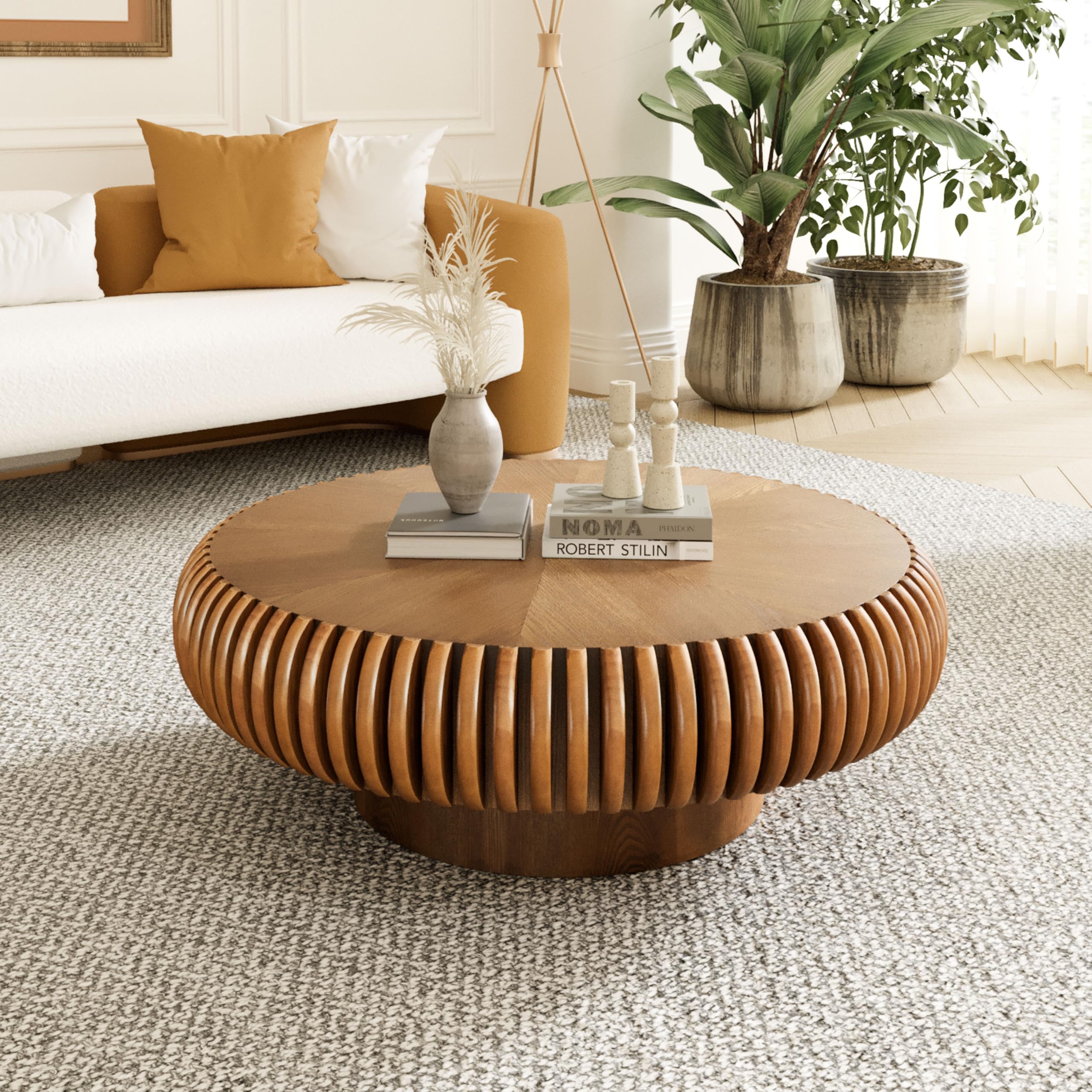 80 cm Mesa de Centro Redonda, Marrón | Tambor Estriado, Estilo Mid-Century - Mesa Central para Salón, Apartamento, Pequeños Espacios - Montaje Sencillo